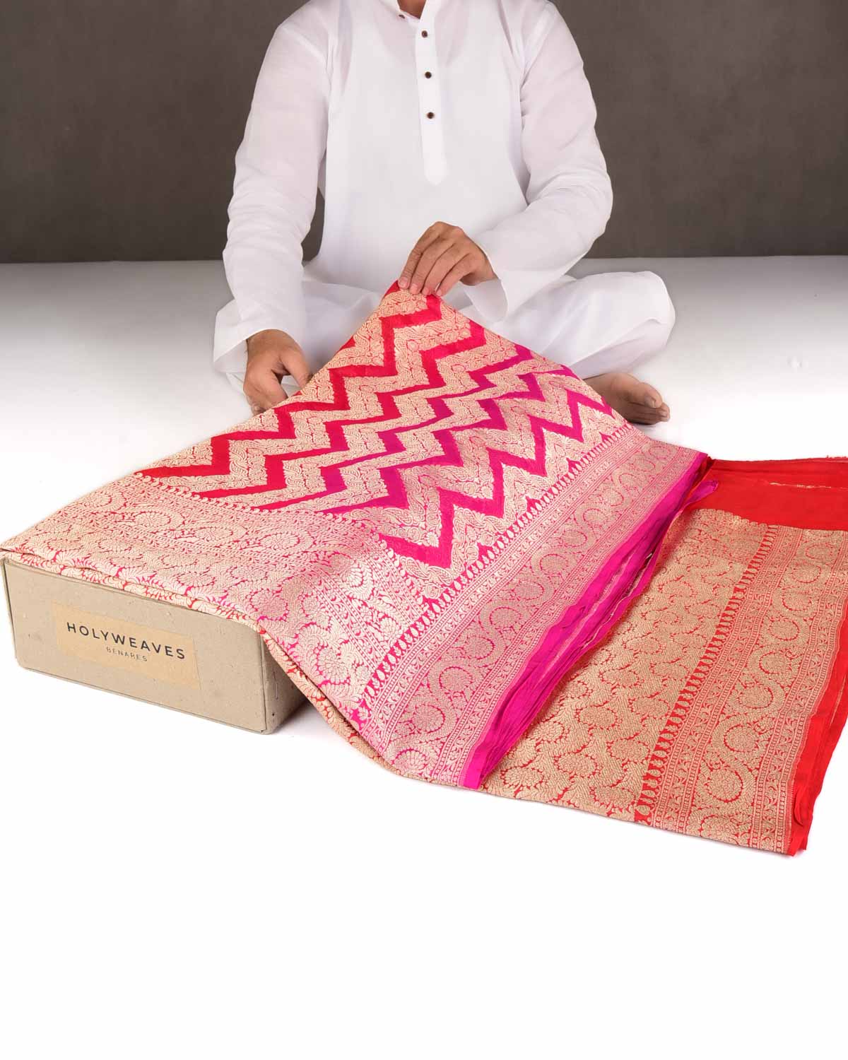Ombre Red-Pink Gold Zari Ornament Chevron Cutwork Brocade Handwoven Khaddi Georgette Banarasi Saree-HolyWeaves