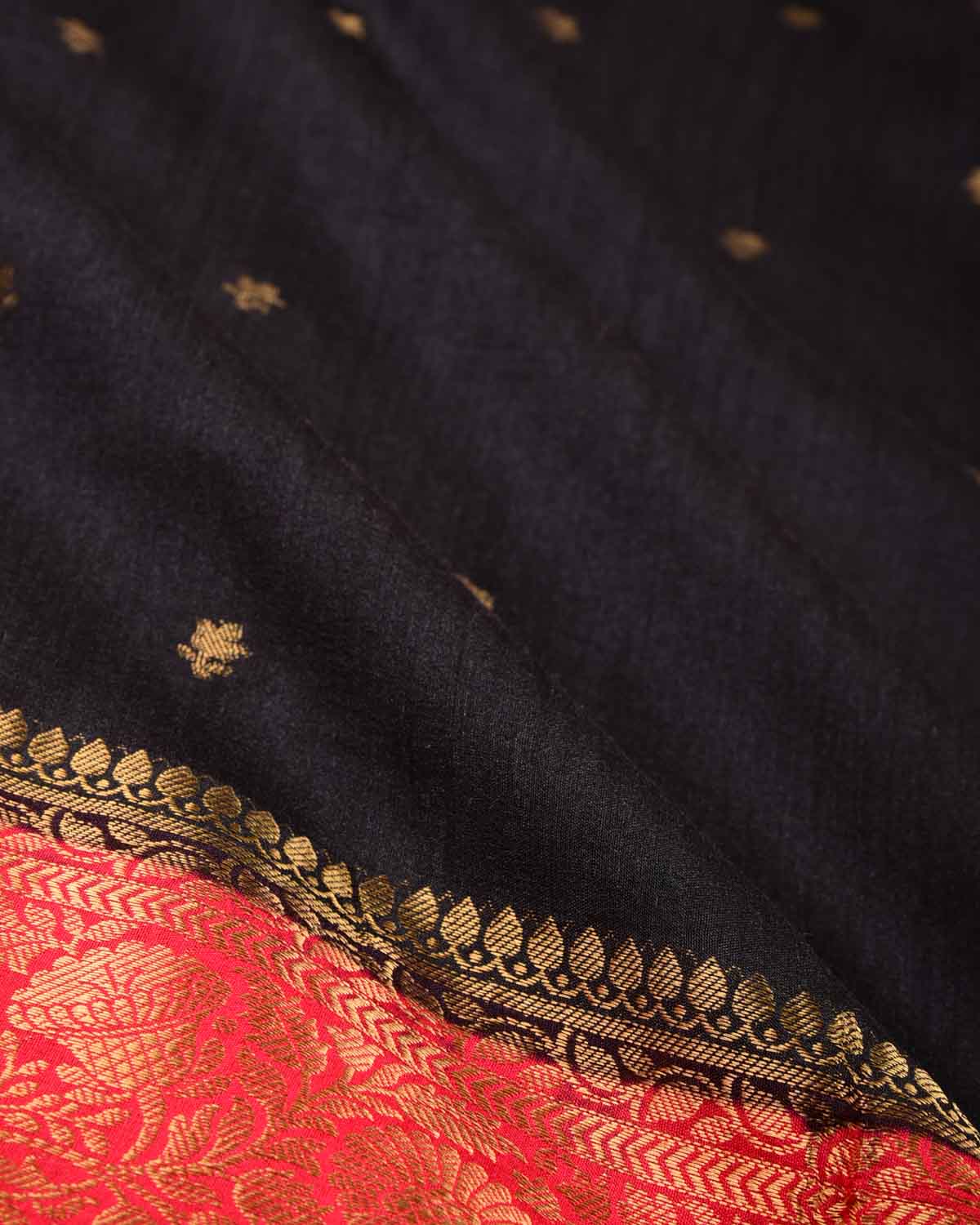 Black Gold Zari Buti Cutwork Brocade Woven Muga Silk Banarasi Saree with Contrast Red Border Pallu-HolyWeaves