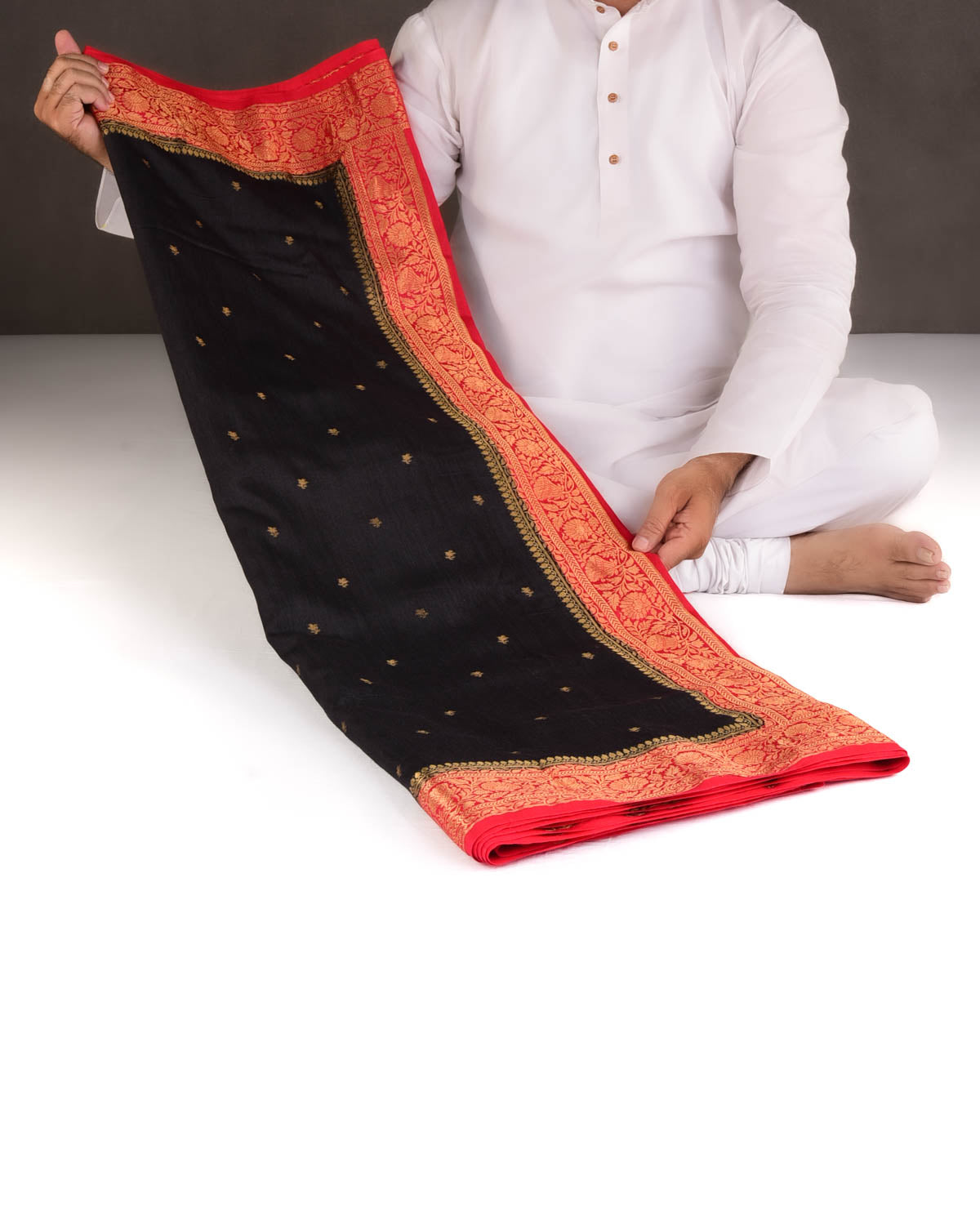 Black Gold Zari Buti Cutwork Brocade Woven Muga Silk Banarasi Saree with Contrast Red Border Pallu-HolyWeaves