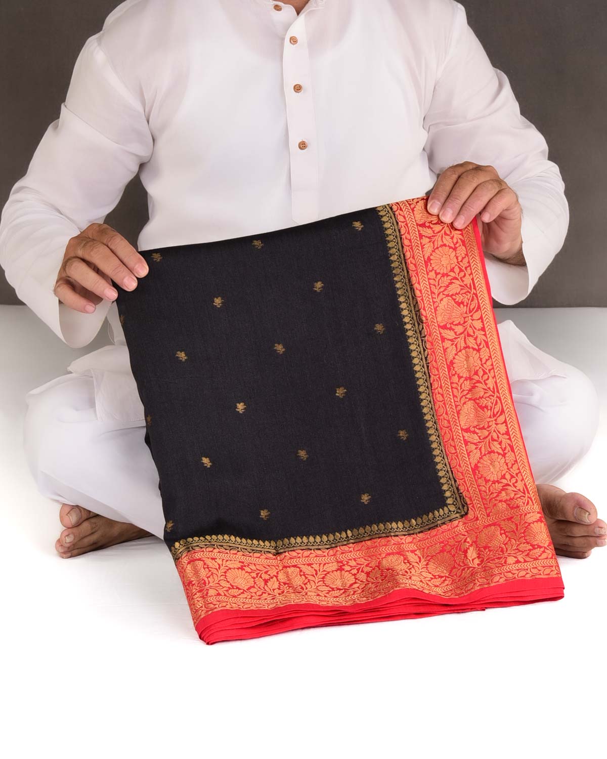 Black Gold Zari Buti Cutwork Brocade Woven Muga Silk Banarasi Saree with Contrast Red Border Pallu-HolyWeaves