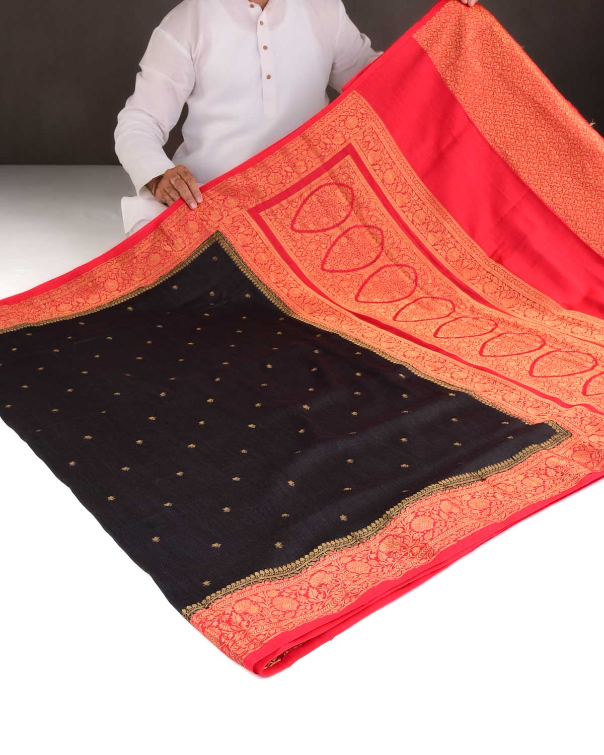 Black Gold Zari Buti Cutwork Brocade Woven Muga Silk Banarasi Saree with Contrast Red Border Pallu-HolyWeaves