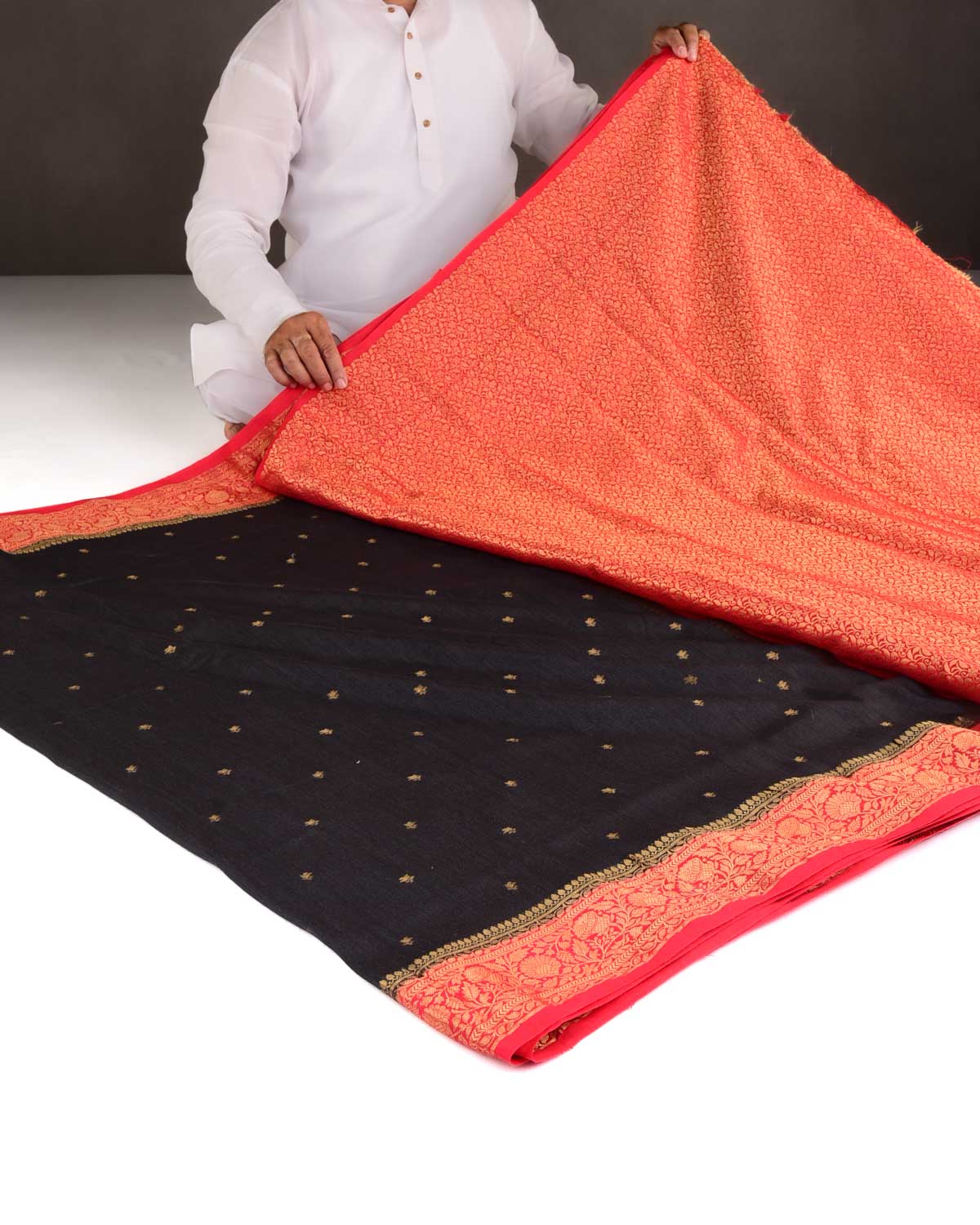 Black Gold Zari Buti Cutwork Brocade Woven Muga Silk Banarasi Saree with Contrast Red Border Pallu-HolyWeaves