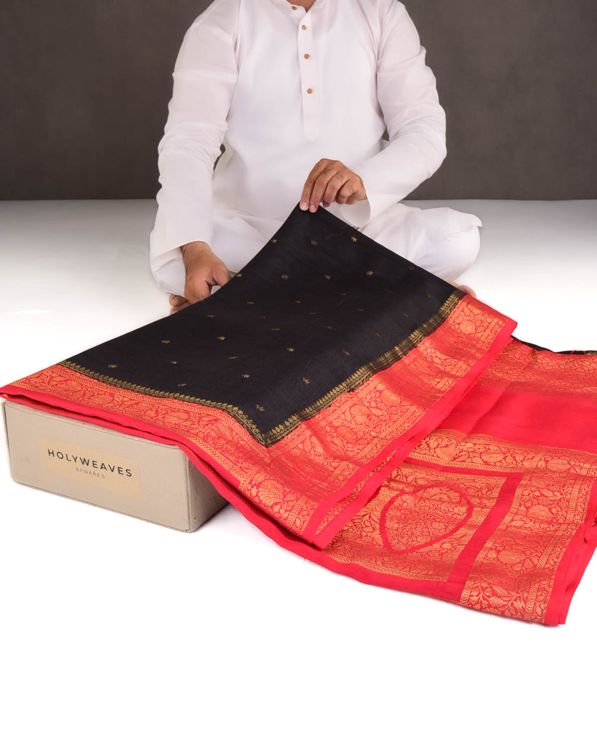 Black Gold Zari Buti Cutwork Brocade Woven Muga Silk Banarasi Saree with Contrast Red Border Pallu-HolyWeaves