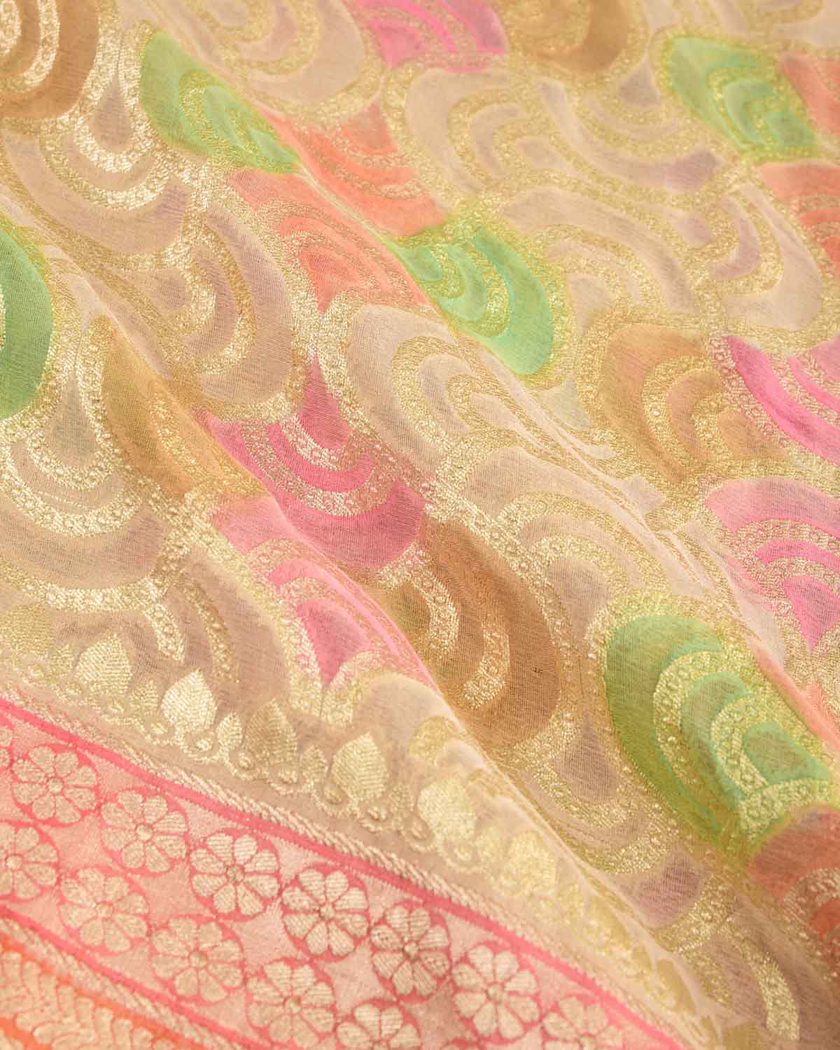 Beige Gold Zari Labyrinth Grids Handbrush Dye Cutwork Brocade Handwoven Khaddi Georgette Banarasi Saree-HolyWeaves