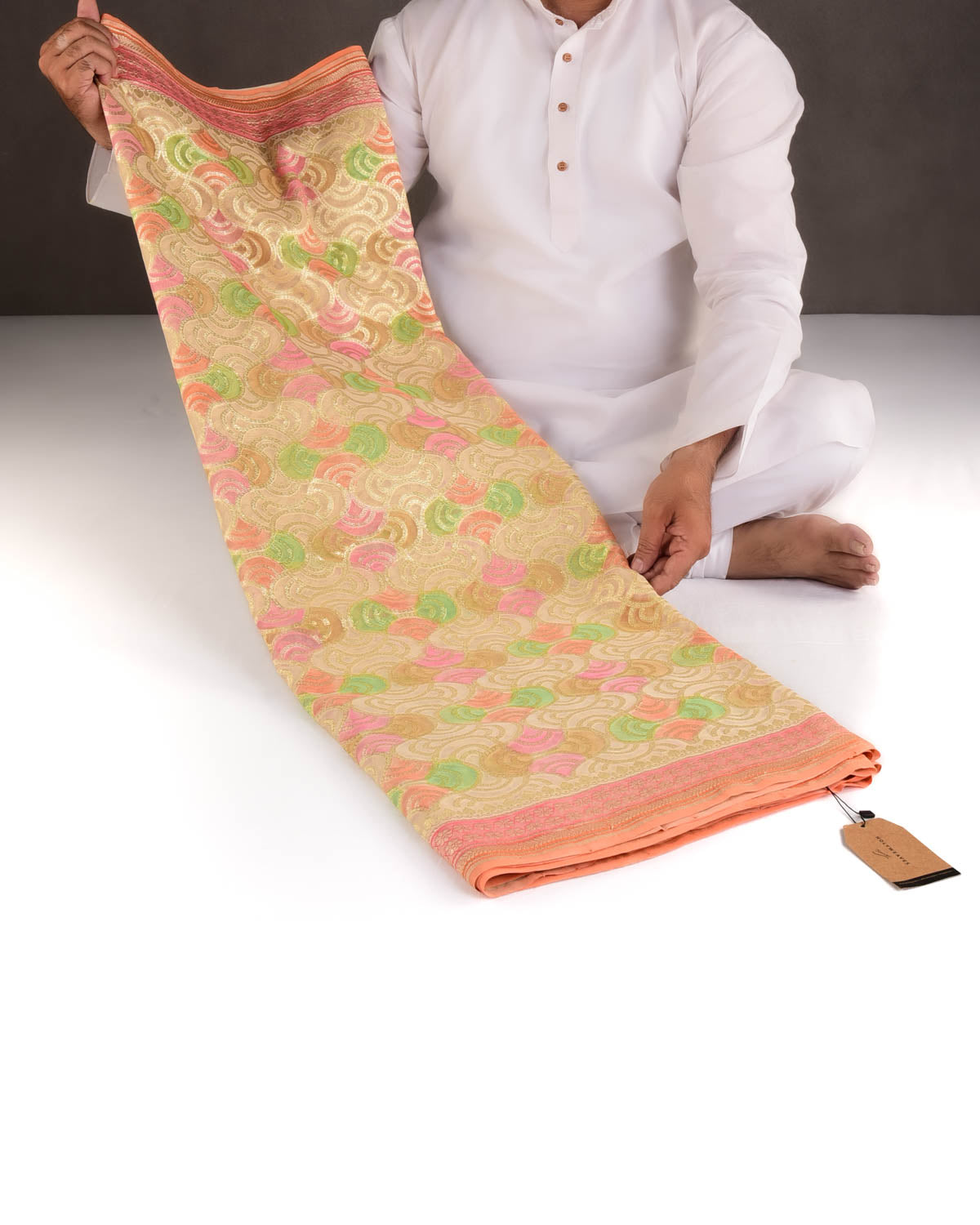 Beige Gold Zari Labyrinth Grids Handbrush Dye Cutwork Brocade Handwoven Khaddi Georgette Banarasi Saree-HolyWeaves