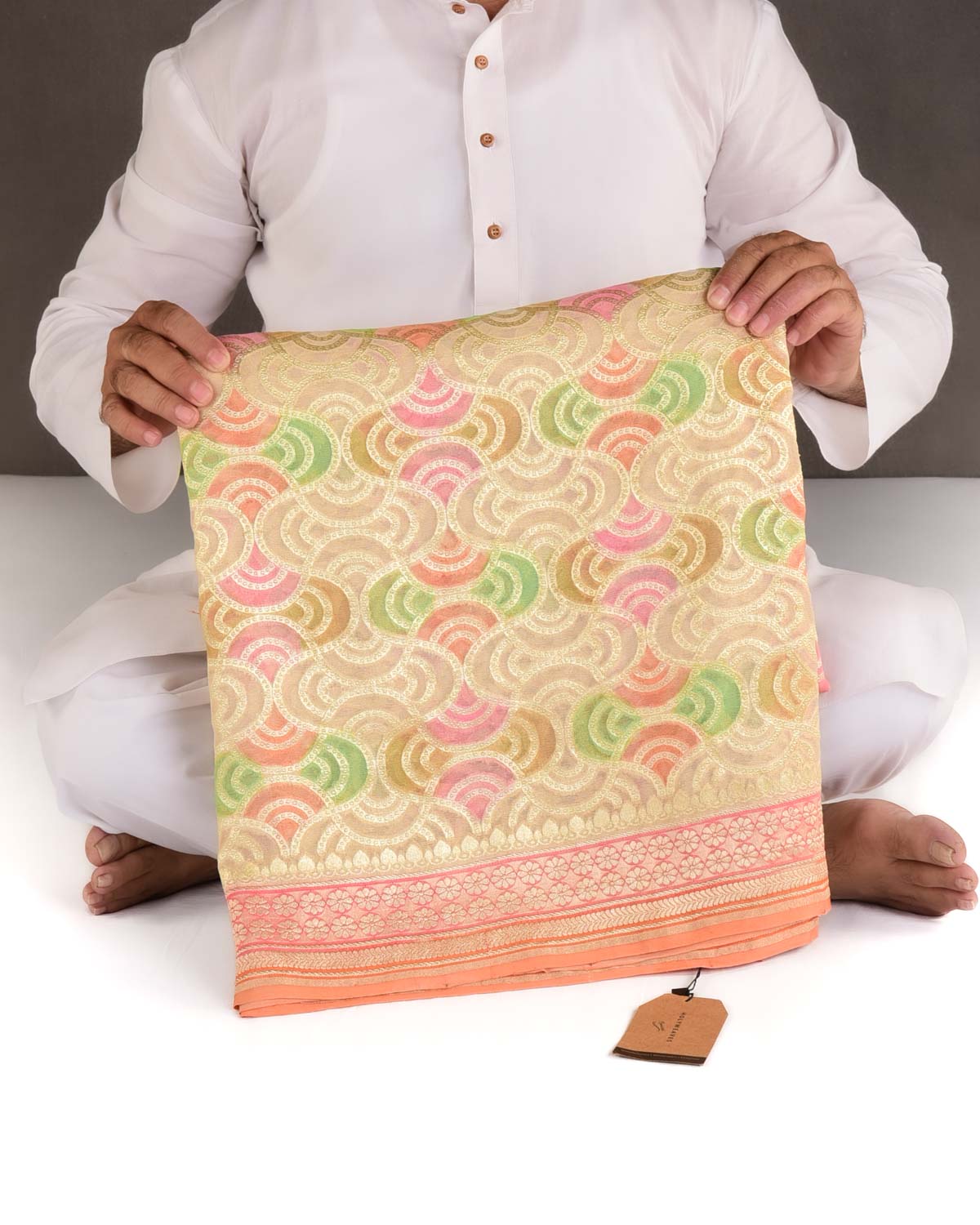 Beige Gold Zari Labyrinth Grids Handbrush Dye Cutwork Brocade Handwoven Khaddi Georgette Banarasi Saree-HolyWeaves