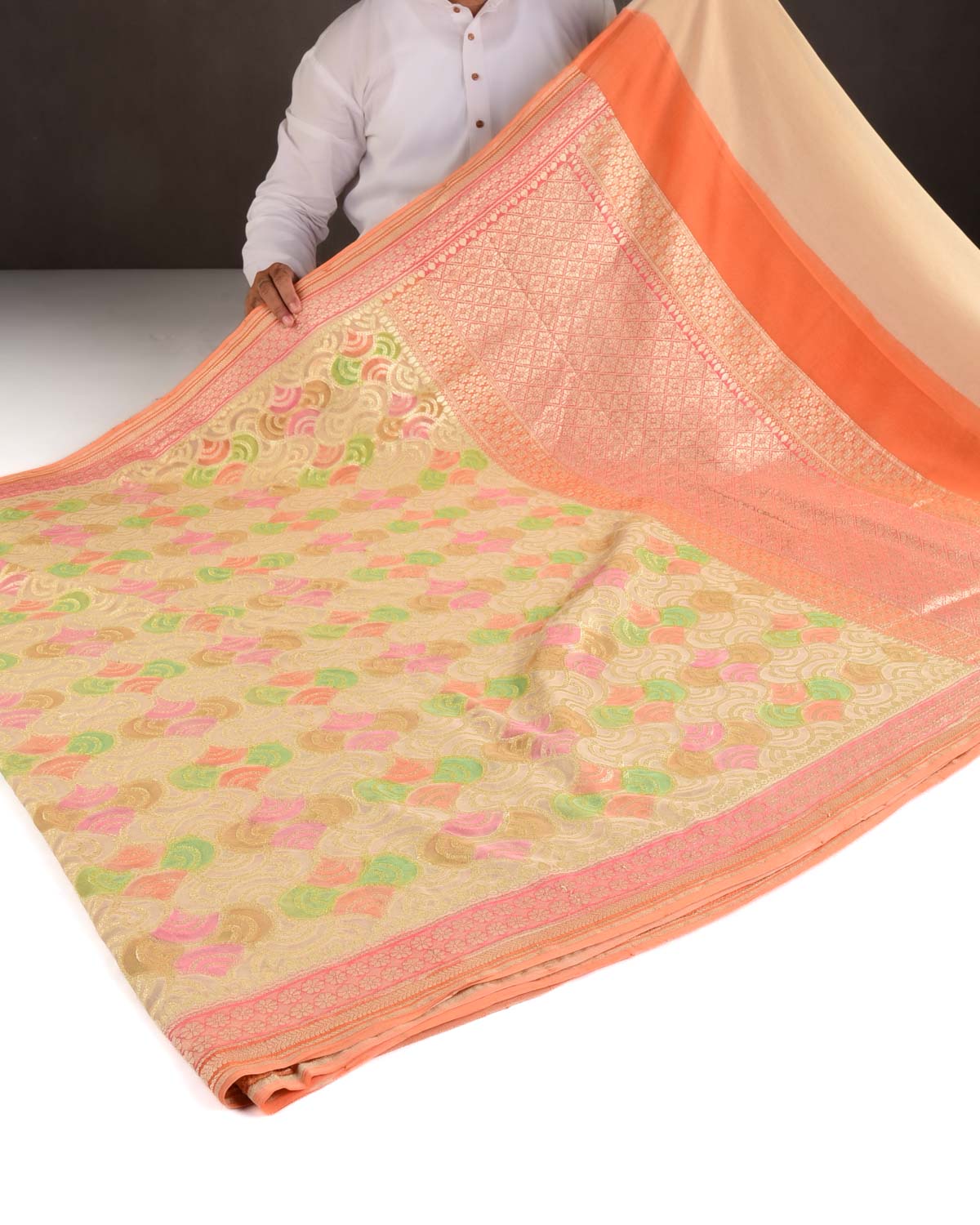 Beige Gold Zari Labyrinth Grids Handbrush Dye Cutwork Brocade Handwoven Khaddi Georgette Banarasi Saree-HolyWeaves