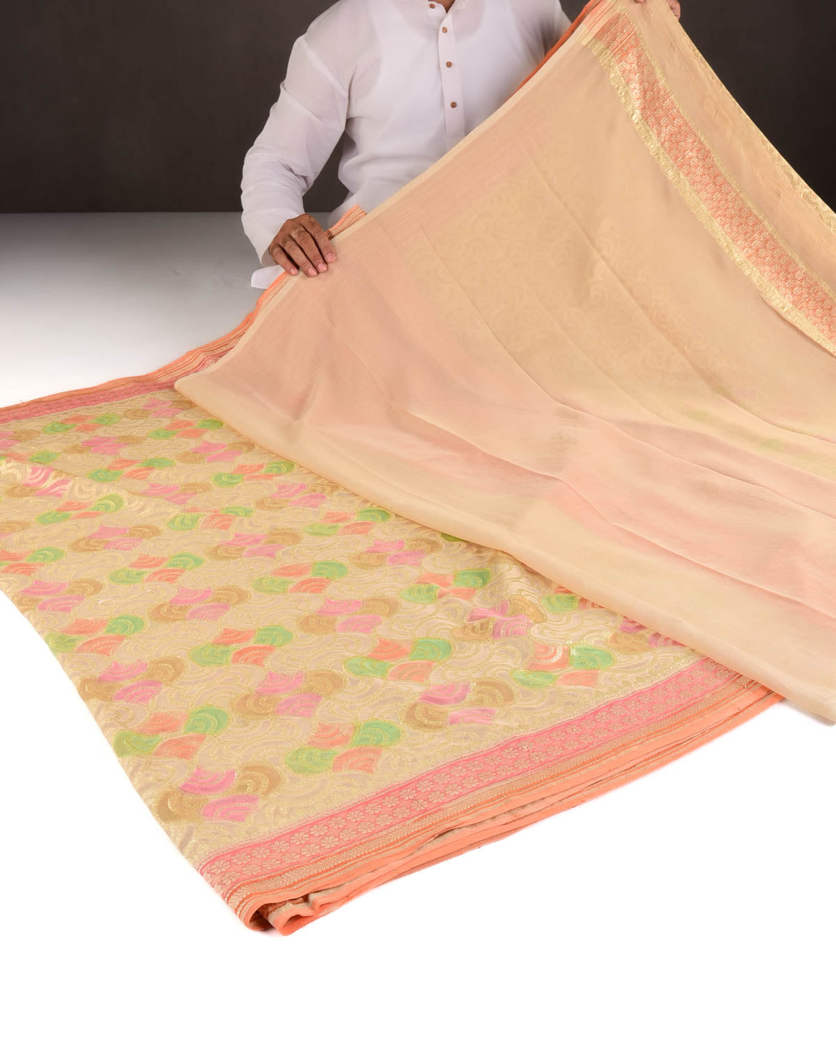 Beige Gold Zari Labyrinth Grids Handbrush Dye Cutwork Brocade Handwoven Khaddi Georgette Banarasi Saree-HolyWeaves