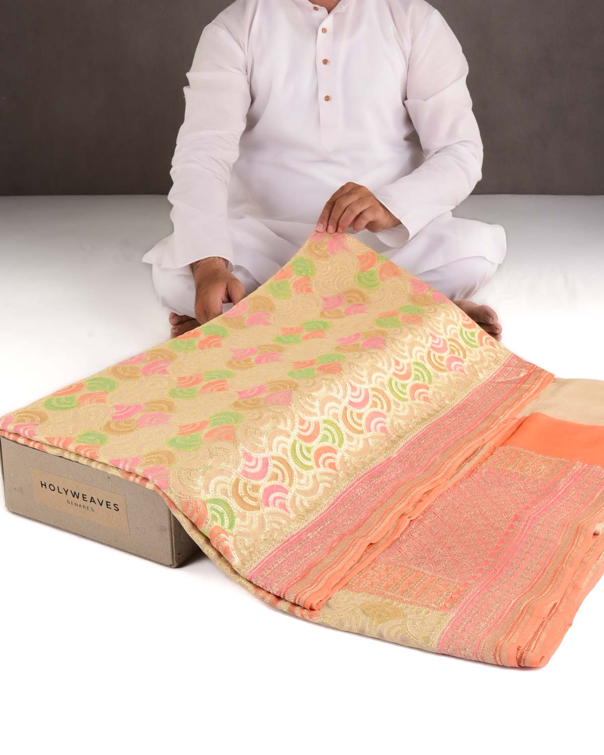 Beige Gold Zari Labyrinth Grids Handbrush Dye Cutwork Brocade Handwoven Khaddi Georgette Banarasi Saree-HolyWeaves