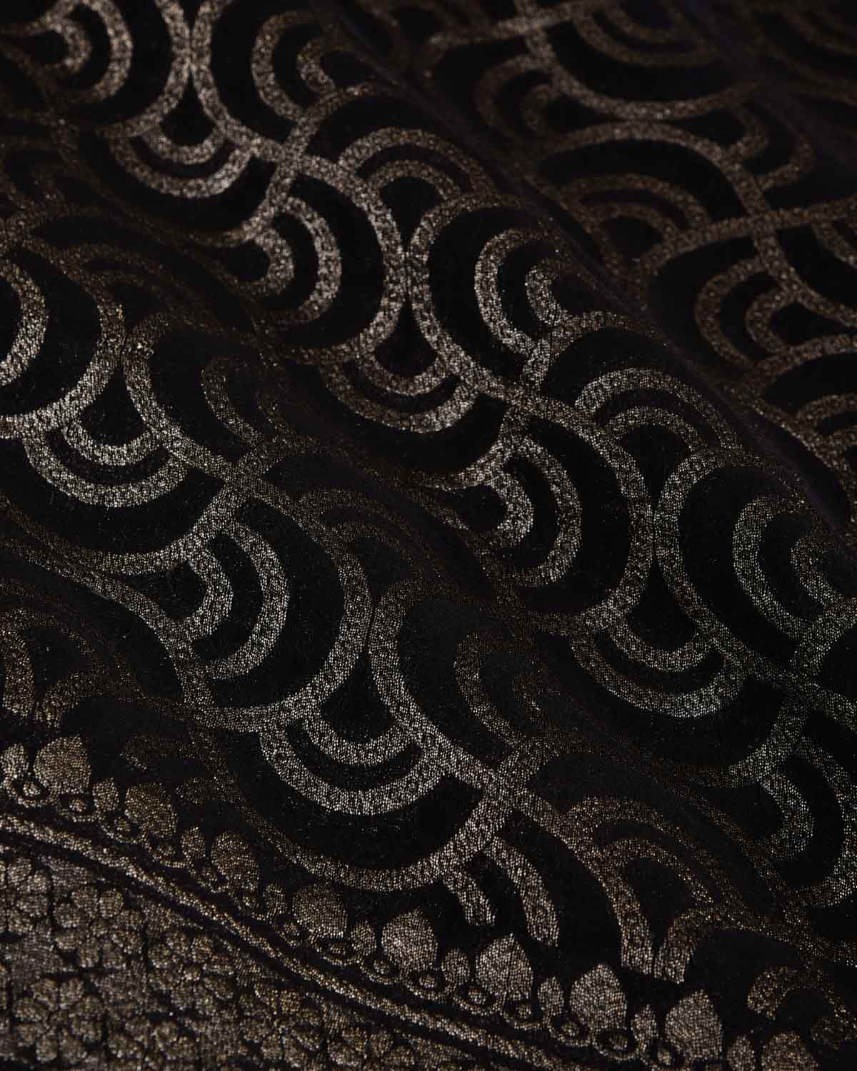 Black Zari Labyrinth Grids Cutwork Brocade Handwoven Khaddi Georgette Banarasi Saree-HolyWeaves