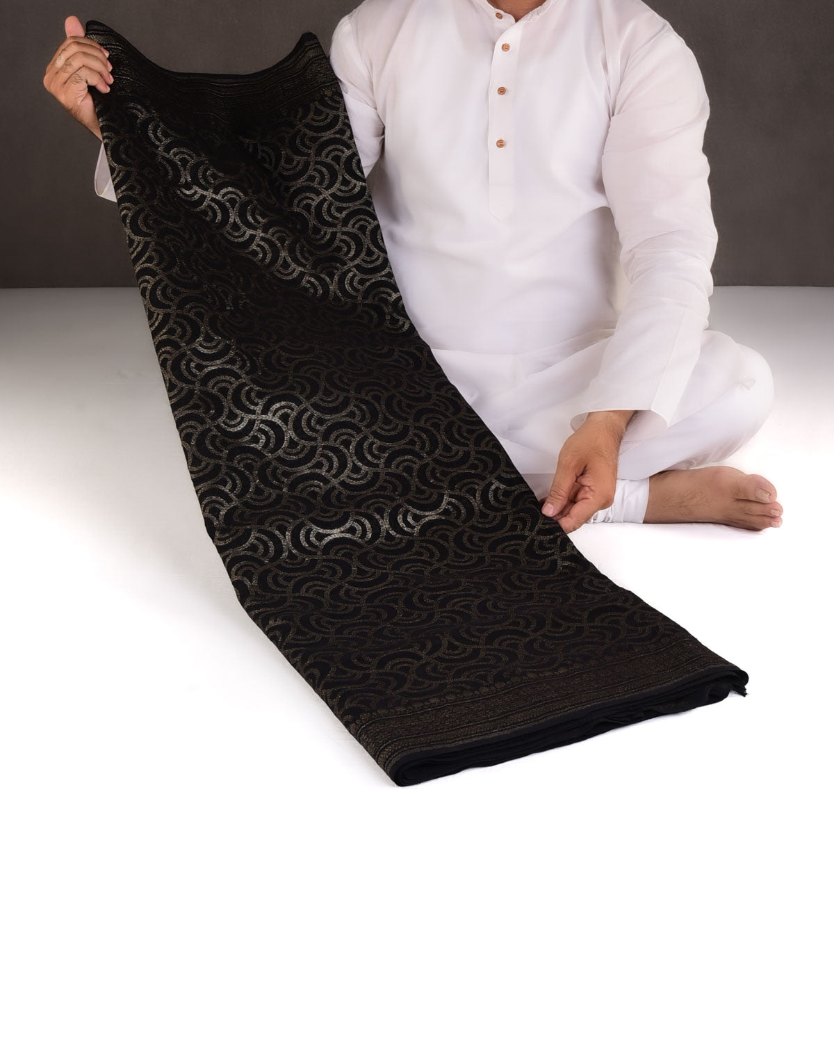 Black Zari Labyrinth Grids Cutwork Brocade Handwoven Khaddi Georgette Banarasi Saree-HolyWeaves