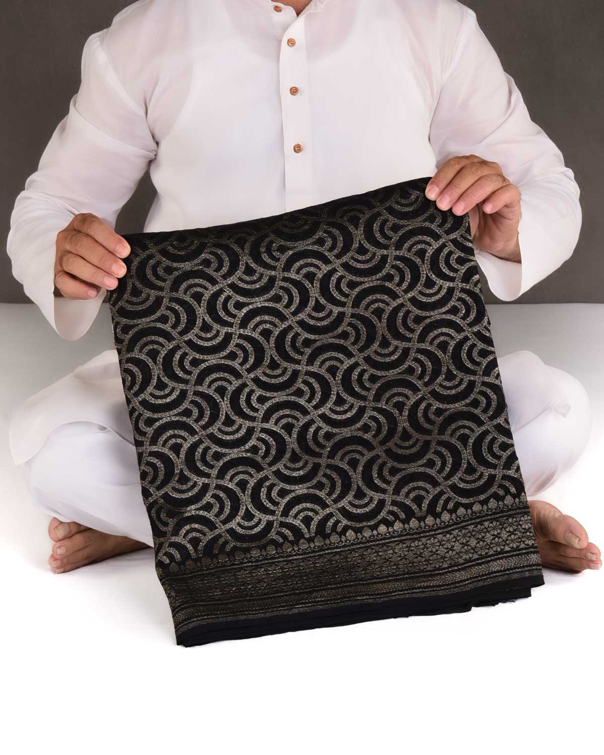 Black Zari Labyrinth Grids Cutwork Brocade Handwoven Khaddi Georgette Banarasi Saree-HolyWeaves