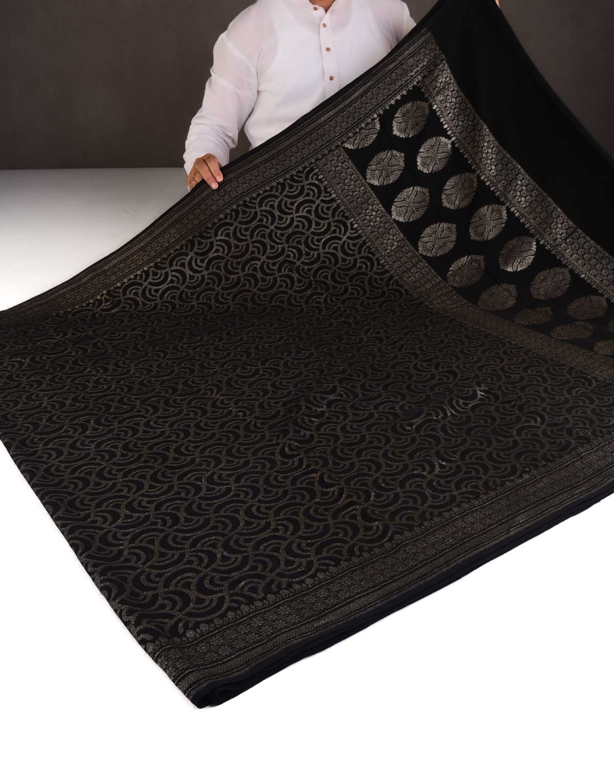 Black Zari Labyrinth Grids Cutwork Brocade Handwoven Khaddi Georgette Banarasi Saree-HolyWeaves