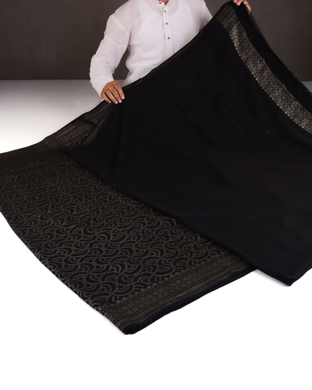 Black Zari Labyrinth Grids Cutwork Brocade Handwoven Khaddi Georgette Banarasi Saree-HolyWeaves