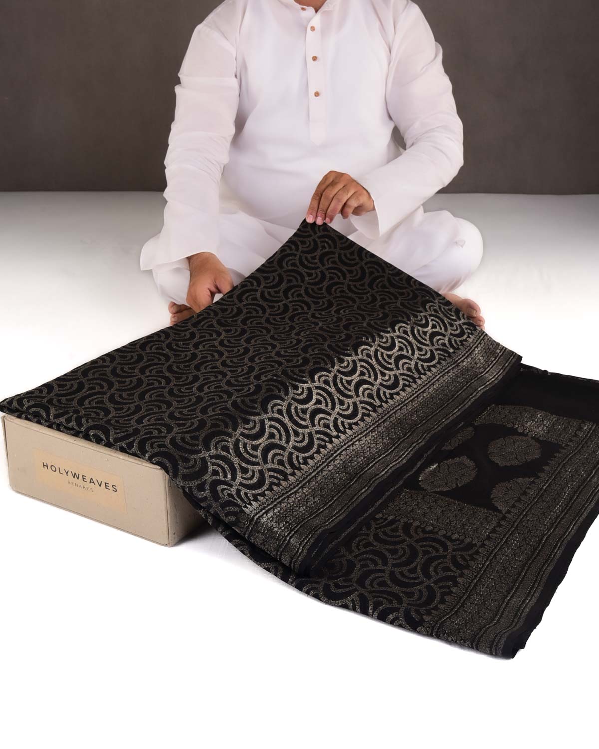 Black Zari Labyrinth Grids Cutwork Brocade Handwoven Khaddi Georgette Banarasi Saree-HolyWeaves