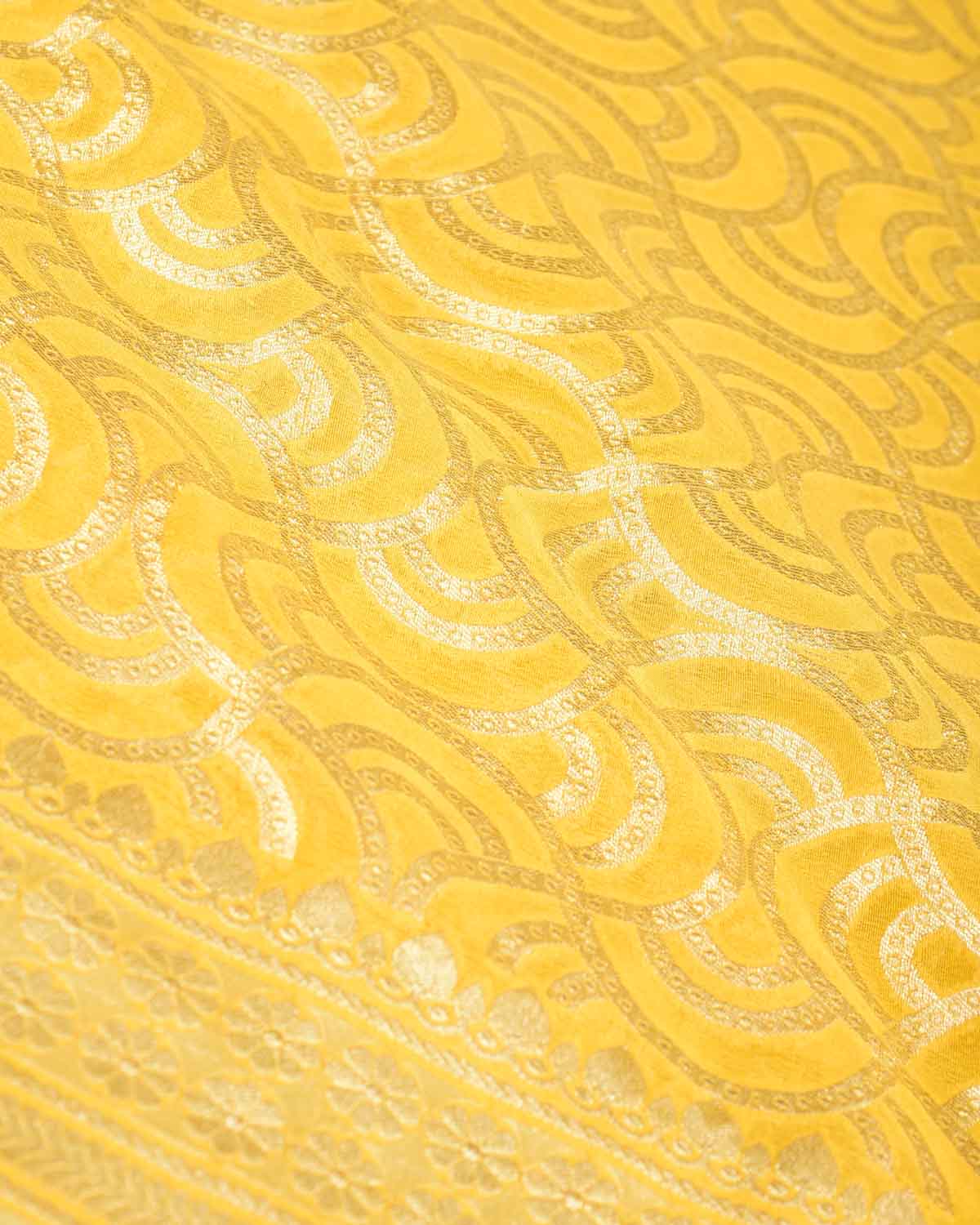 Yellow Gold Zari Labyrinth Grids Cutwork Brocade Handwoven Khaddi Georgette Banarasi Saree-HolyWeaves