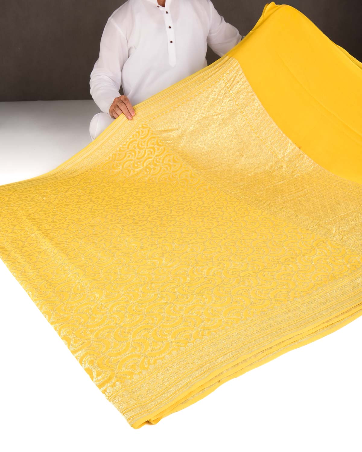Yellow Gold Zari Labyrinth Grids Cutwork Brocade Handwoven Khaddi Georgette Banarasi Saree-HolyWeaves