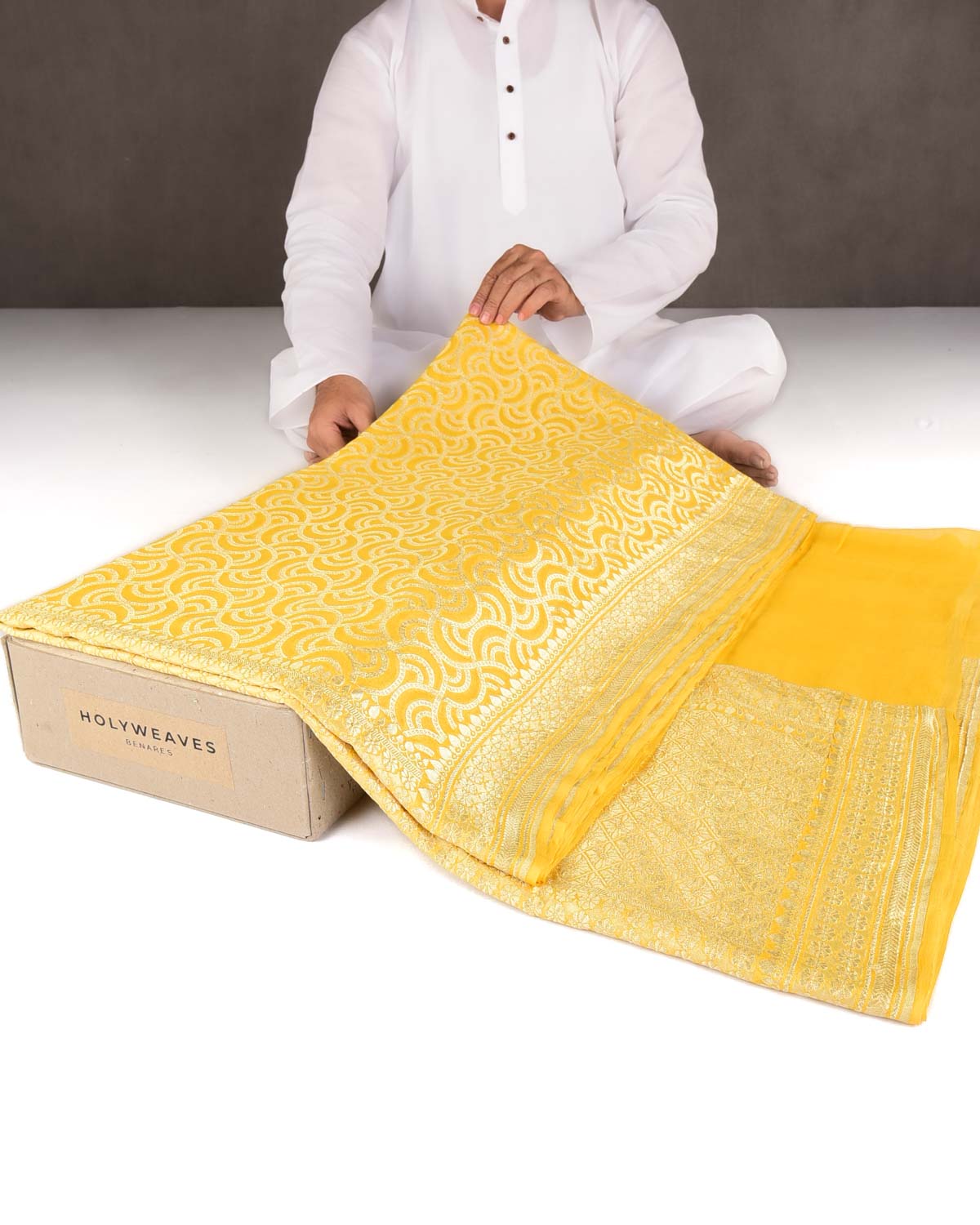 Yellow Gold Zari Labyrinth Grids Cutwork Brocade Handwoven Khaddi Georgette Banarasi Saree-HolyWeaves