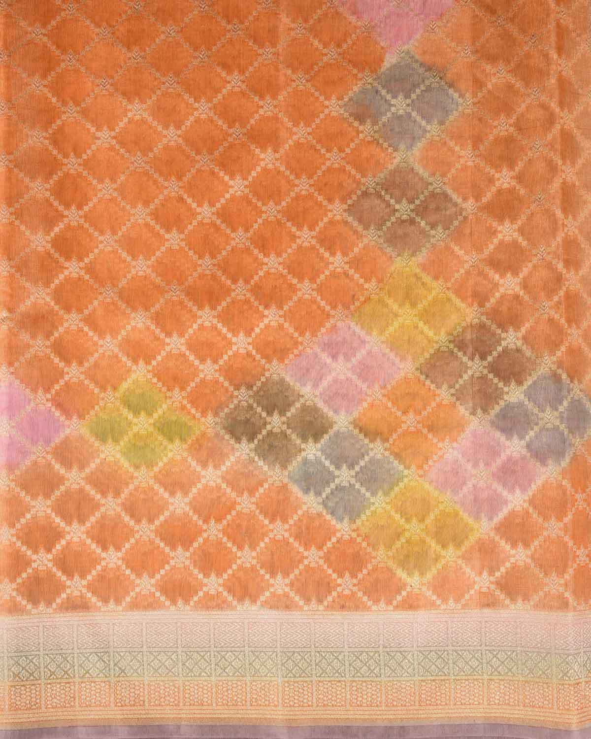 Orange Hand Brush Dye Gold Zari Jangla Cutwork Brocade Woven Cotton Tissue Banarasi Saree