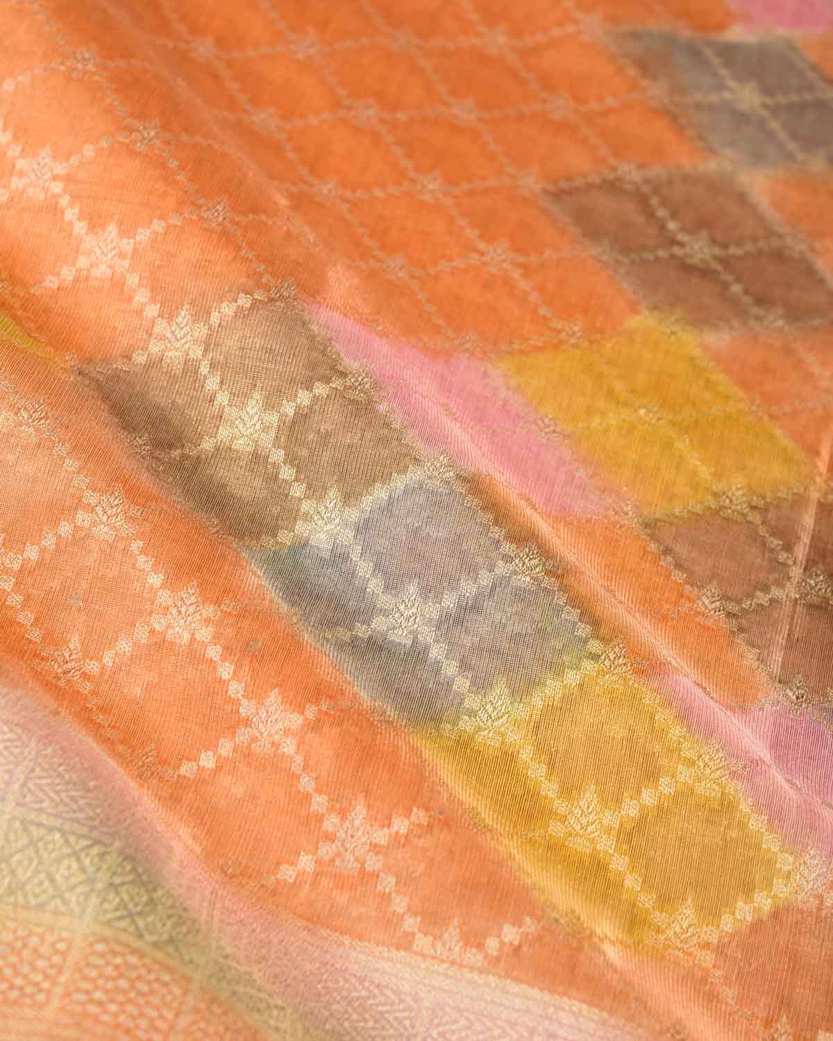 Orange Hand Brush Dye Gold Zari Jangla Cutwork Brocade Woven Cotton Tissue Banarasi Saree