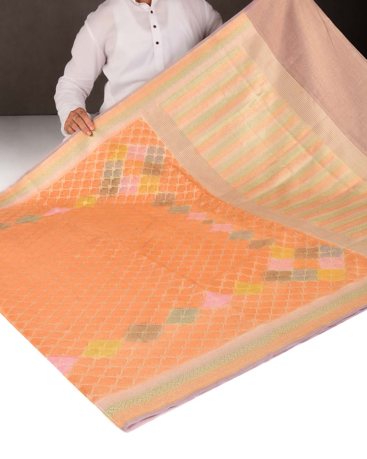 Orange Hand Brush Dye Gold Zari Jangla Cutwork Brocade Woven Cotton Tissue Banarasi Saree