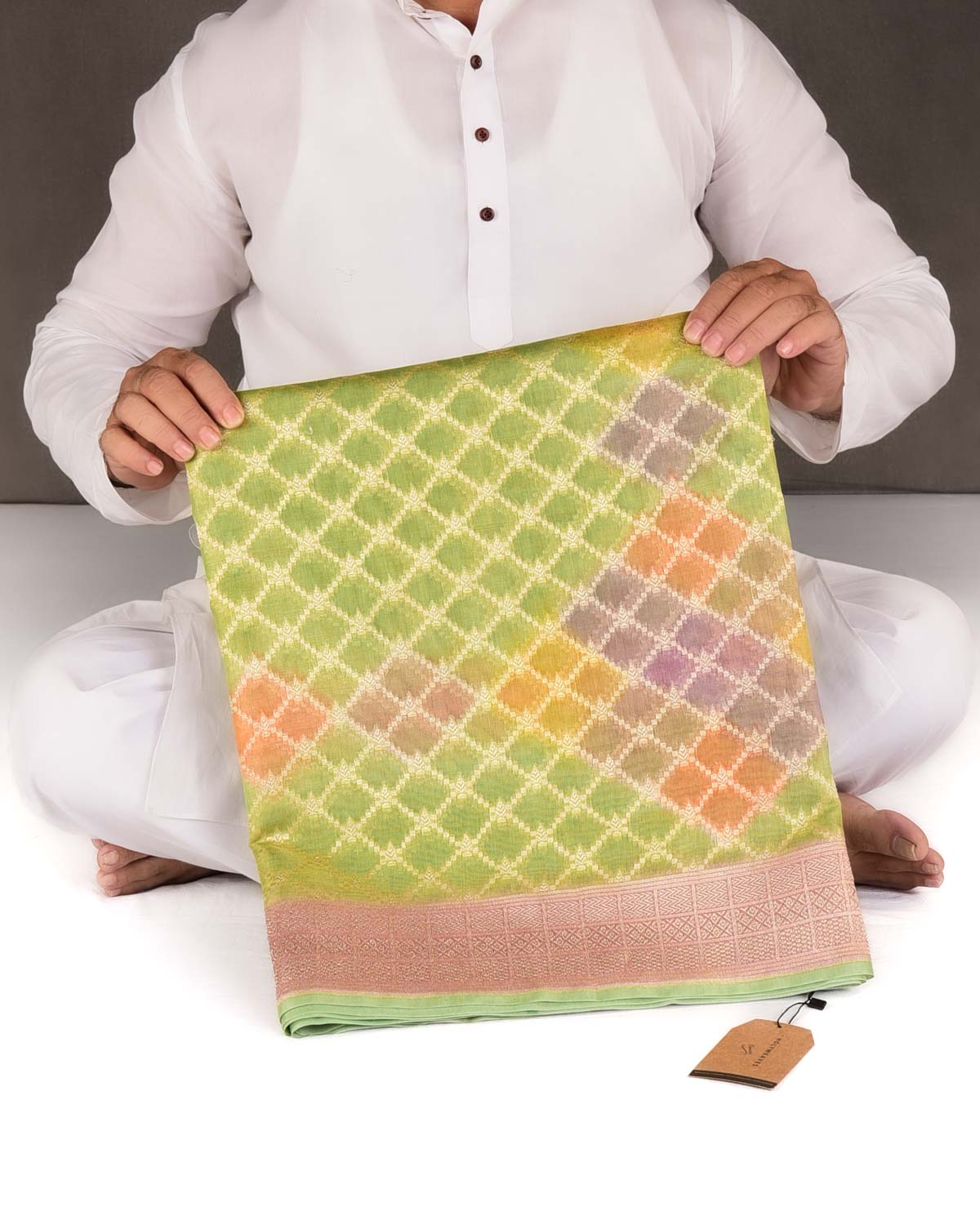 Green Hand Brush Dye Gold Zari Jangla Cutwork Brocade Woven Cotton Tissue Banarasi Saree