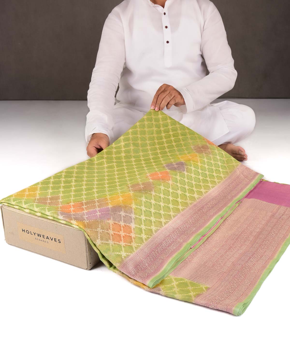 Green Hand Brush Dye Gold Zari Jangla Cutwork Brocade Woven Cotton Tissue Banarasi Saree