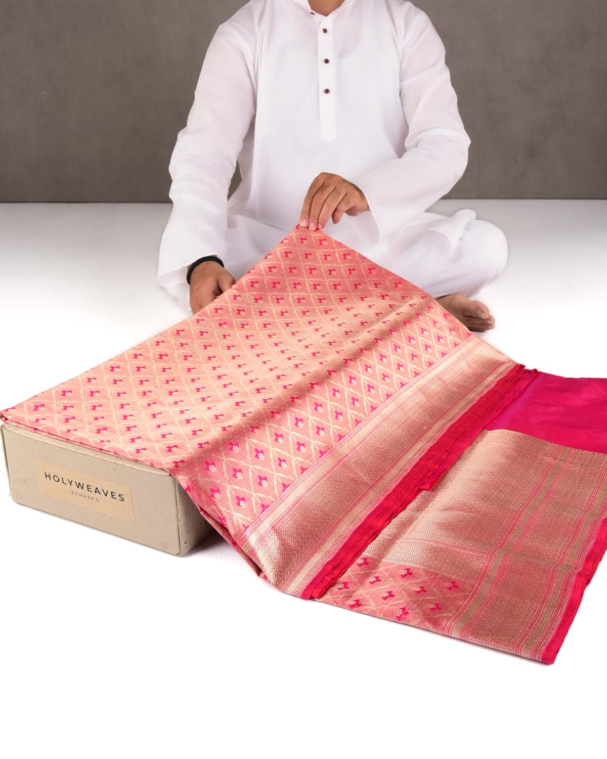 Metallic Fuchsia Pink Gold Zari Grids Cutwork Brocade Handwoven Katan Tissue Banarasi Saree-HolyWeaves