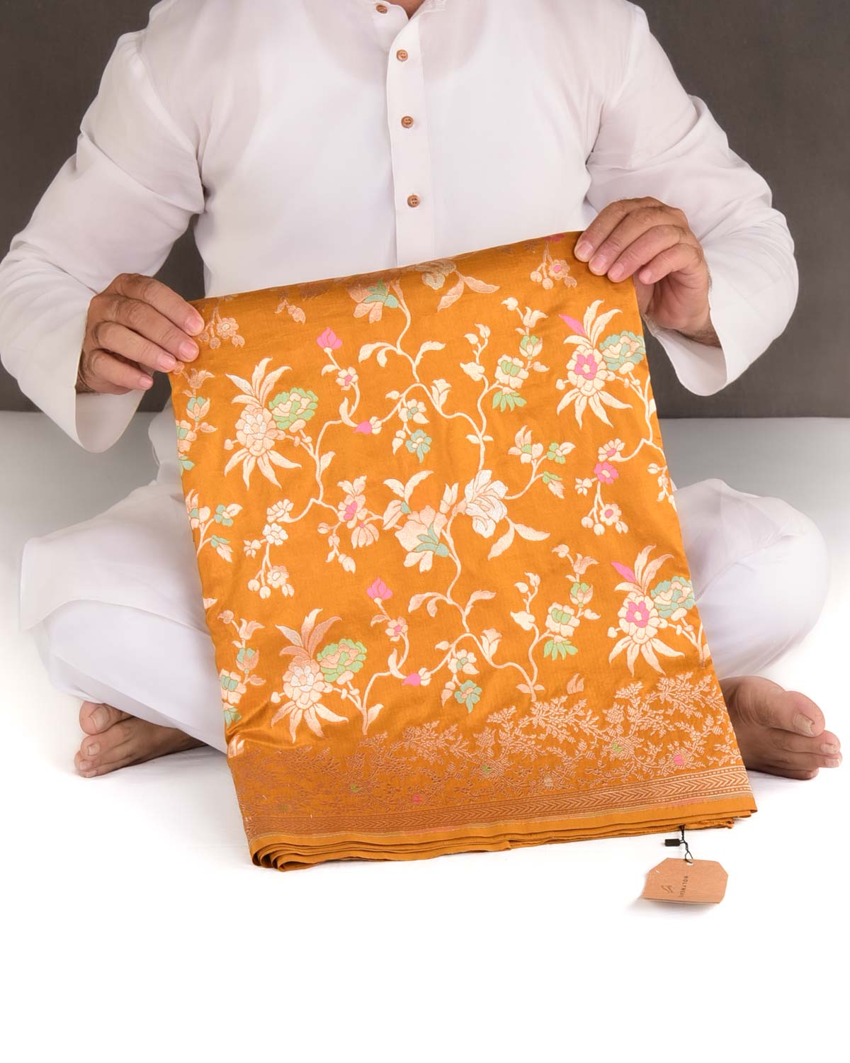 Mustard Yellow Metallic Gold & Silver Zari with Meenekari Floral Jaal Cutwork Brocade Handwoven Katan Silk Banarasi Saree-HolyWeaves