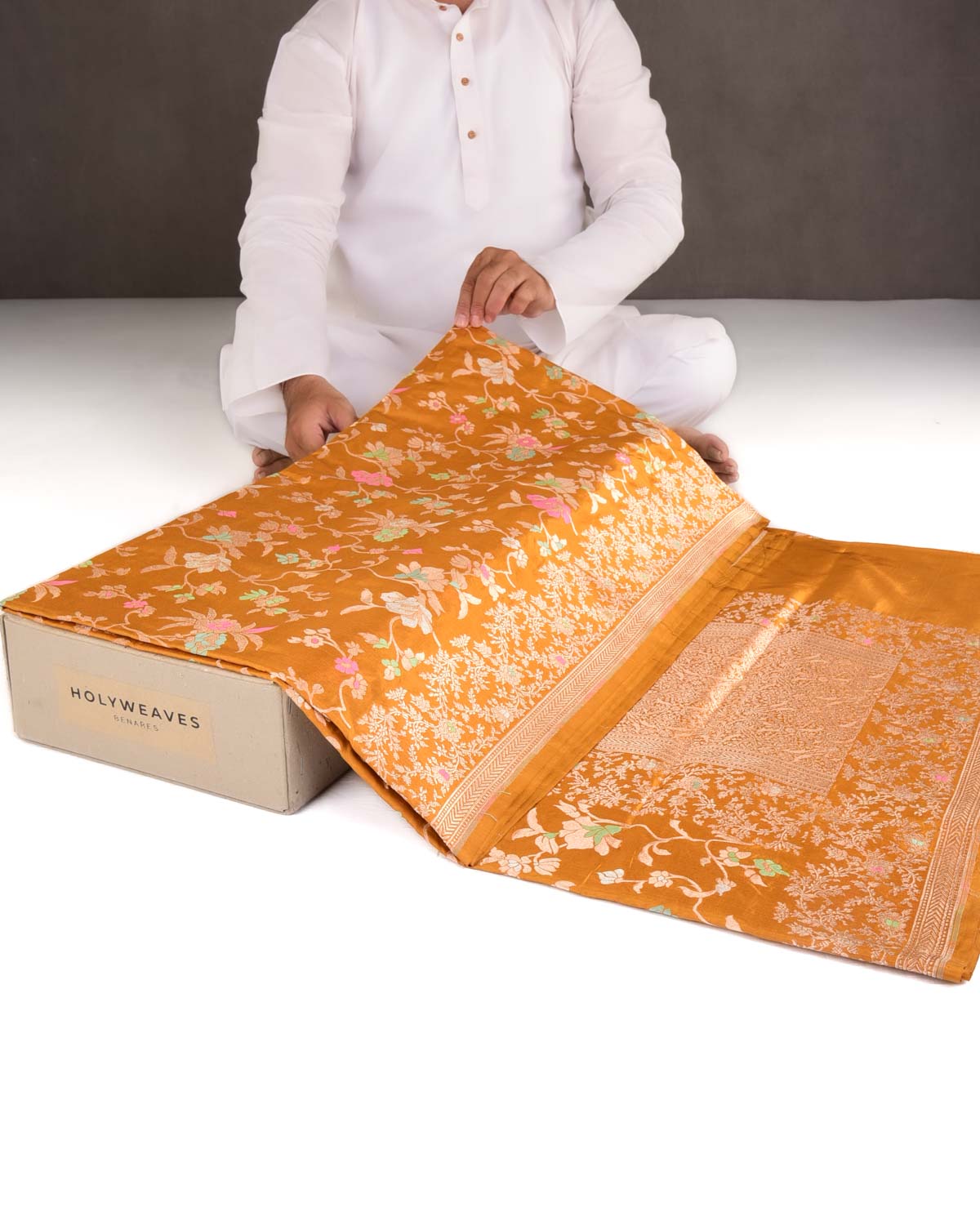 Mustard Yellow Metallic Gold & Silver Zari with Meenekari Floral Jaal Cutwork Brocade Handwoven Katan Silk Banarasi Saree-HolyWeaves