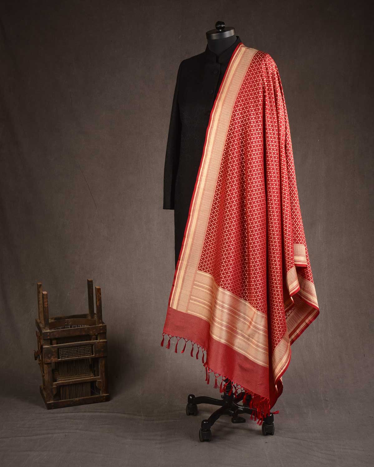 Maroon Gold Zari Cutwork Brocade Handwoven Katan Georgette Banarasi Dupatta-HolyWeaves