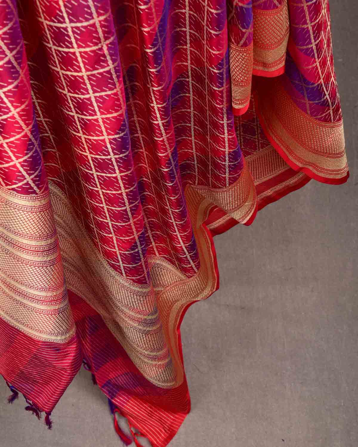 Striped Red Gold Zari Grids Cutwork Brocade Handwoven Katan Silk Banarasi Dupatta-HolyWeaves