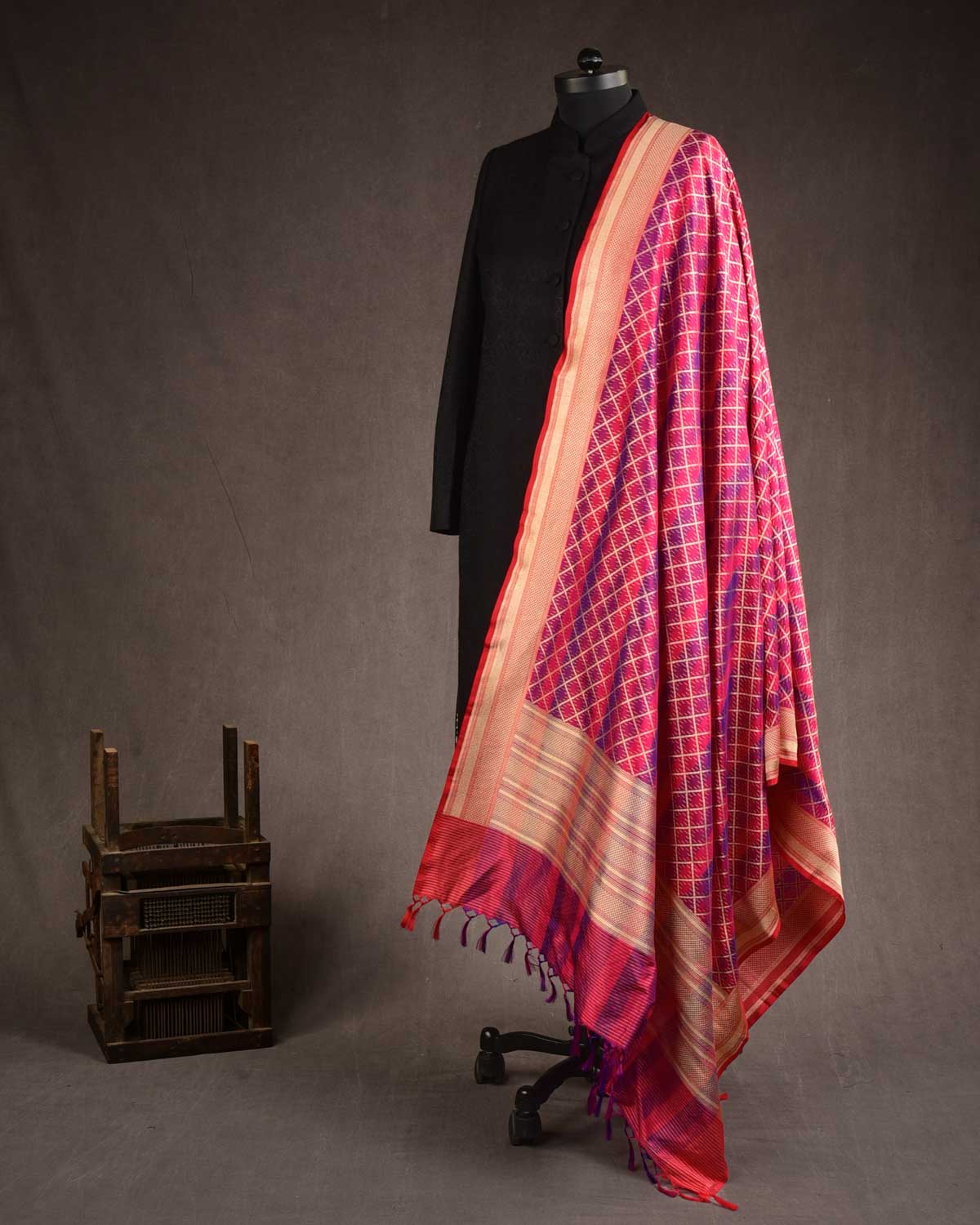 Striped Red Gold Zari Grids Cutwork Brocade Handwoven Katan Silk Banarasi Dupatta-HolyWeaves
