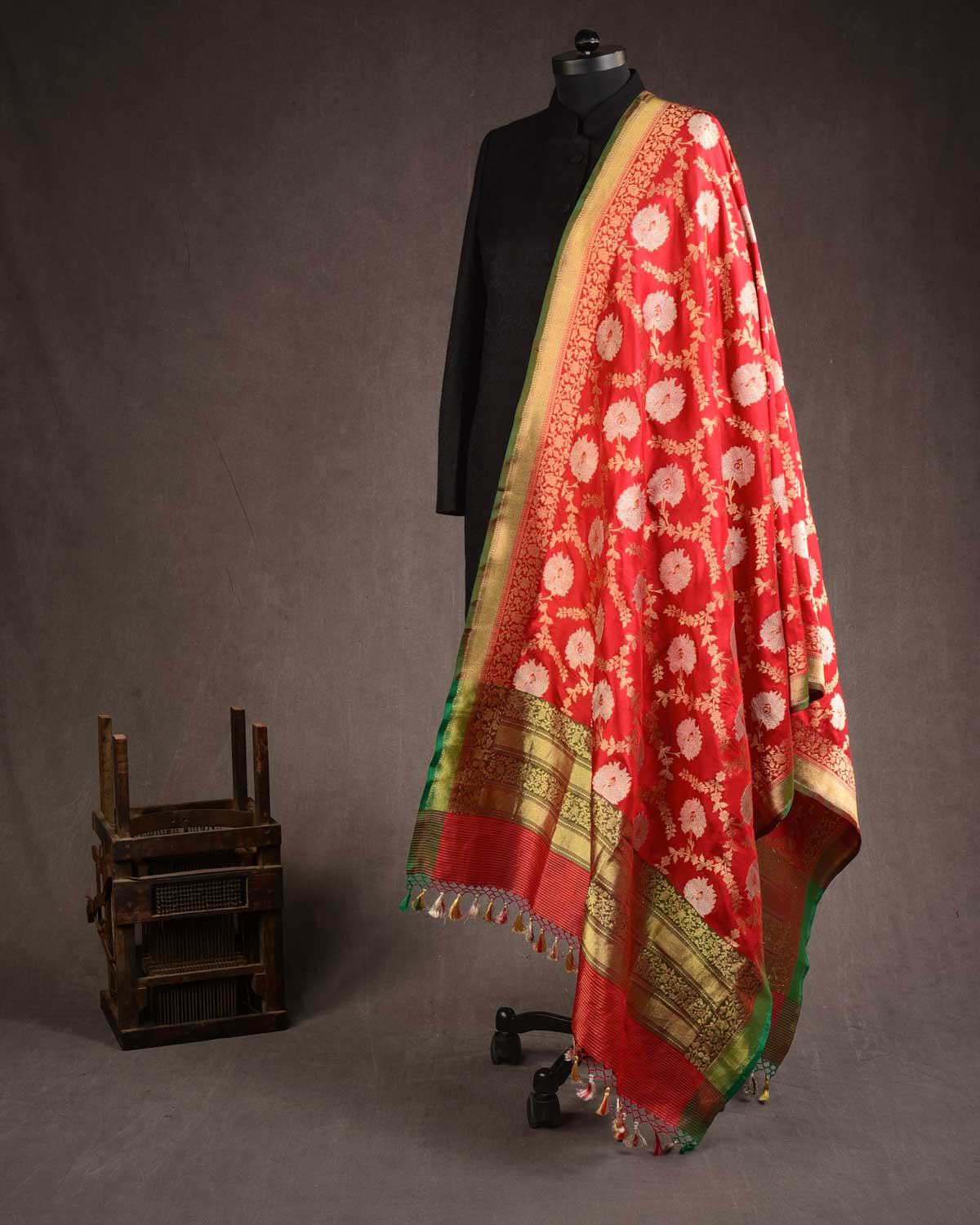 Red Gold & Silver Zari Kadhuan Brocade Handwoven Katan Silk Banarasi Dupatta-HolyWeaves