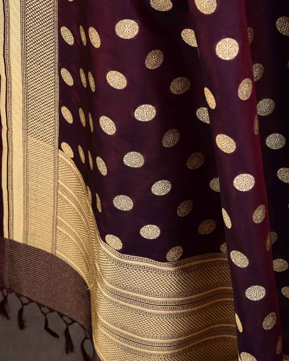 Mahogany Gold Zari Asharfi Buti Cutwork Brocade Handwoven Katan Georgette Banarasi Dupatta-HolyWeaves