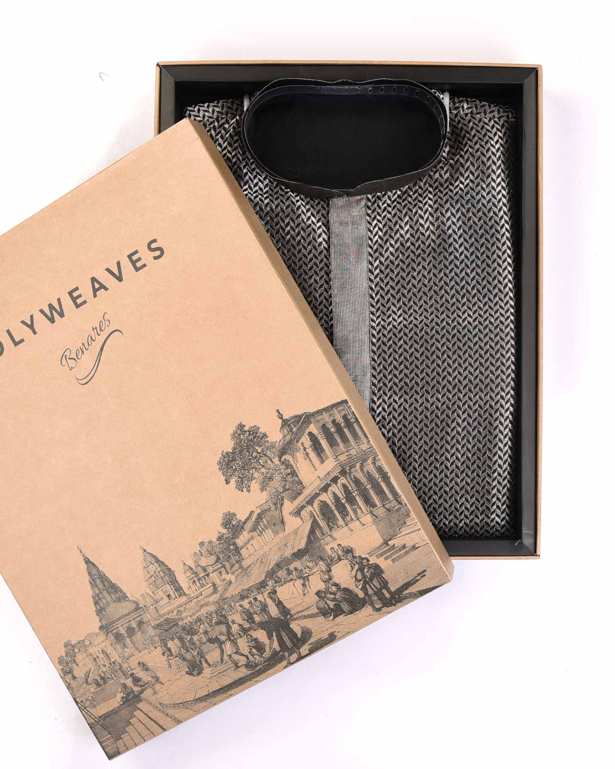 Silver Gray Leafy Herringbone Banarasi Metallic Brocade Handwoven Silk Mens Kurta Pyjama-HolyWeaves