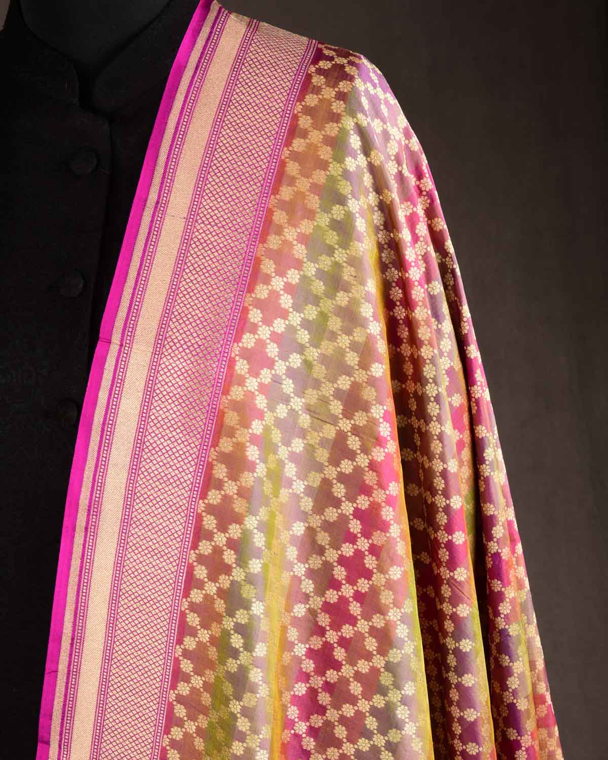 Striped Multi-color Gold Zari Jangla Cutwork Brocade Handwoven Katan Silk Banarasi Dupatta-HolyWeaves