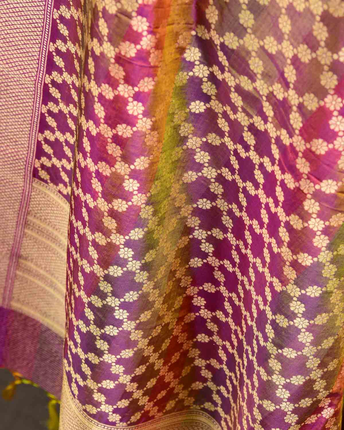 Striped Multi-color Gold Zari Jangla Cutwork Brocade Handwoven Katan Silk Banarasi Dupatta-HolyWeaves