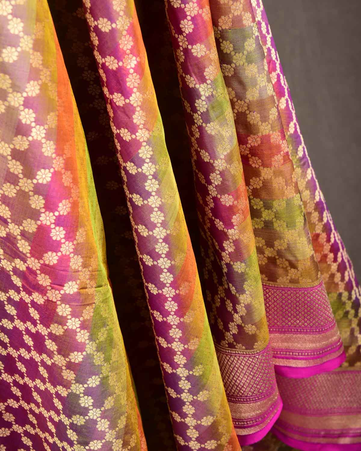 Striped Multi-color Gold Zari Jangla Cutwork Brocade Handwoven Katan Silk Banarasi Dupatta-HolyWeaves