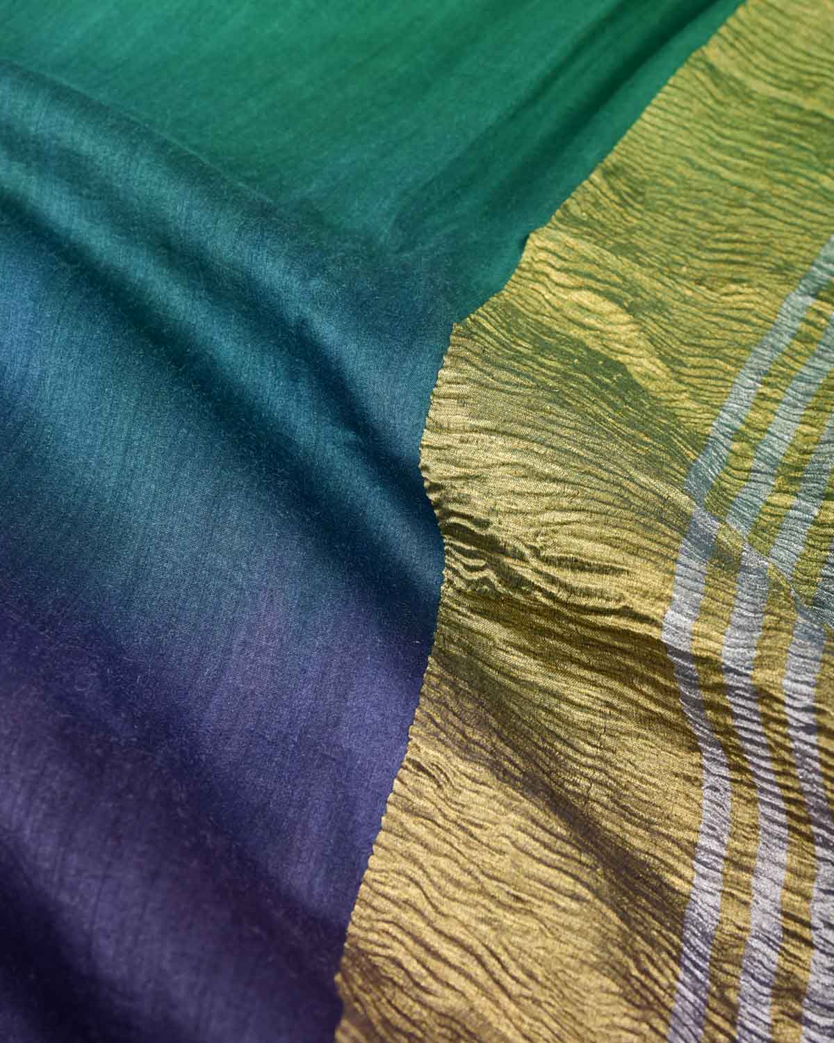 Ombre Gray Green Gold Zari Border Pallu Brocade Woven Muga Silk Banarasi Saree-HolyWeaves