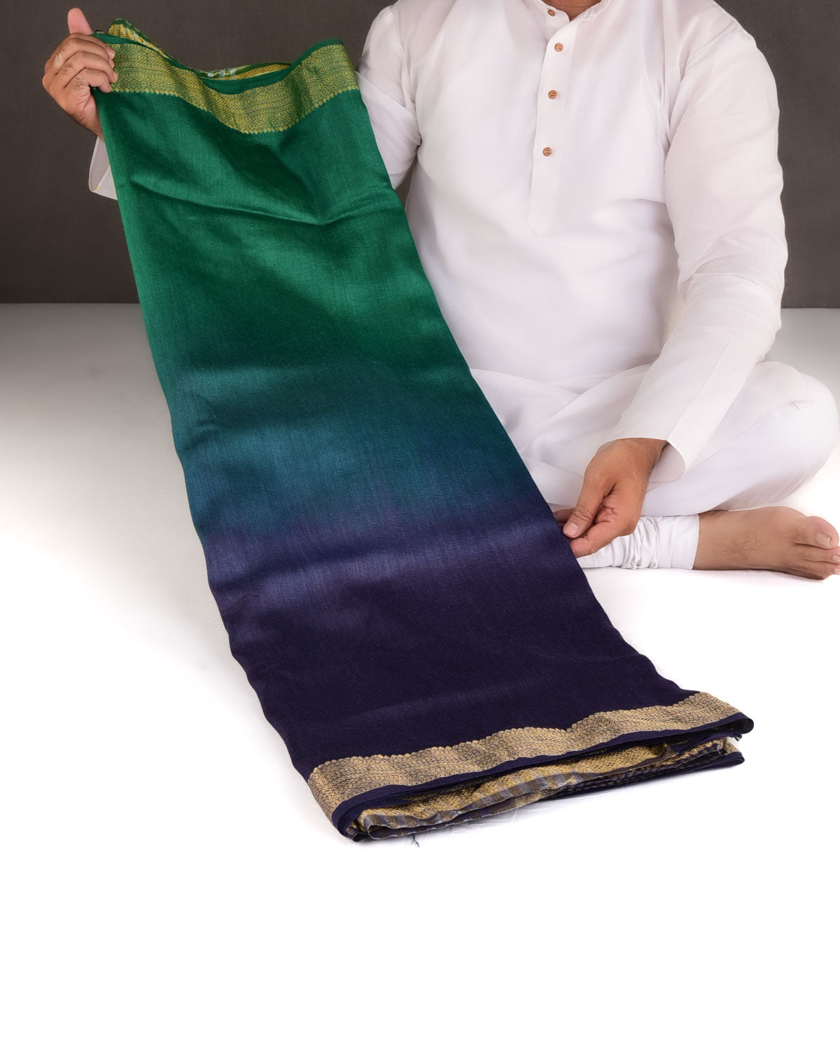 Ombre Gray Green Gold Zari Border Pallu Brocade Woven Muga Silk Banarasi Saree-HolyWeaves
