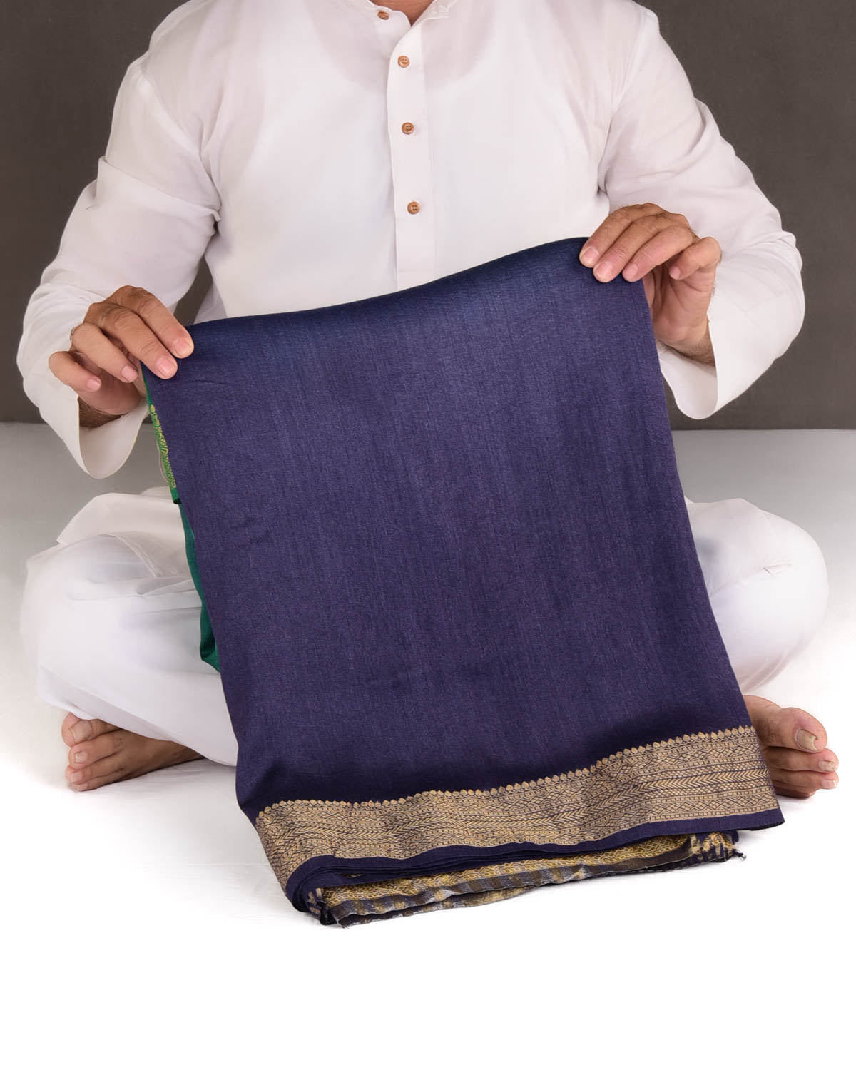 Ombre Gray Green Gold Zari Border Pallu Brocade Woven Muga Silk Banarasi Saree-HolyWeaves