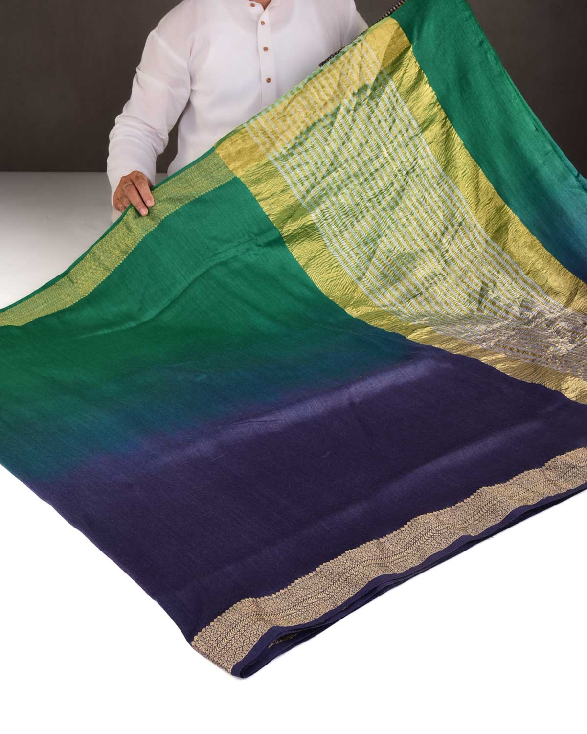 Ombre Gray Green Gold Zari Border Pallu Brocade Woven Muga Silk Banarasi Saree-HolyWeaves
