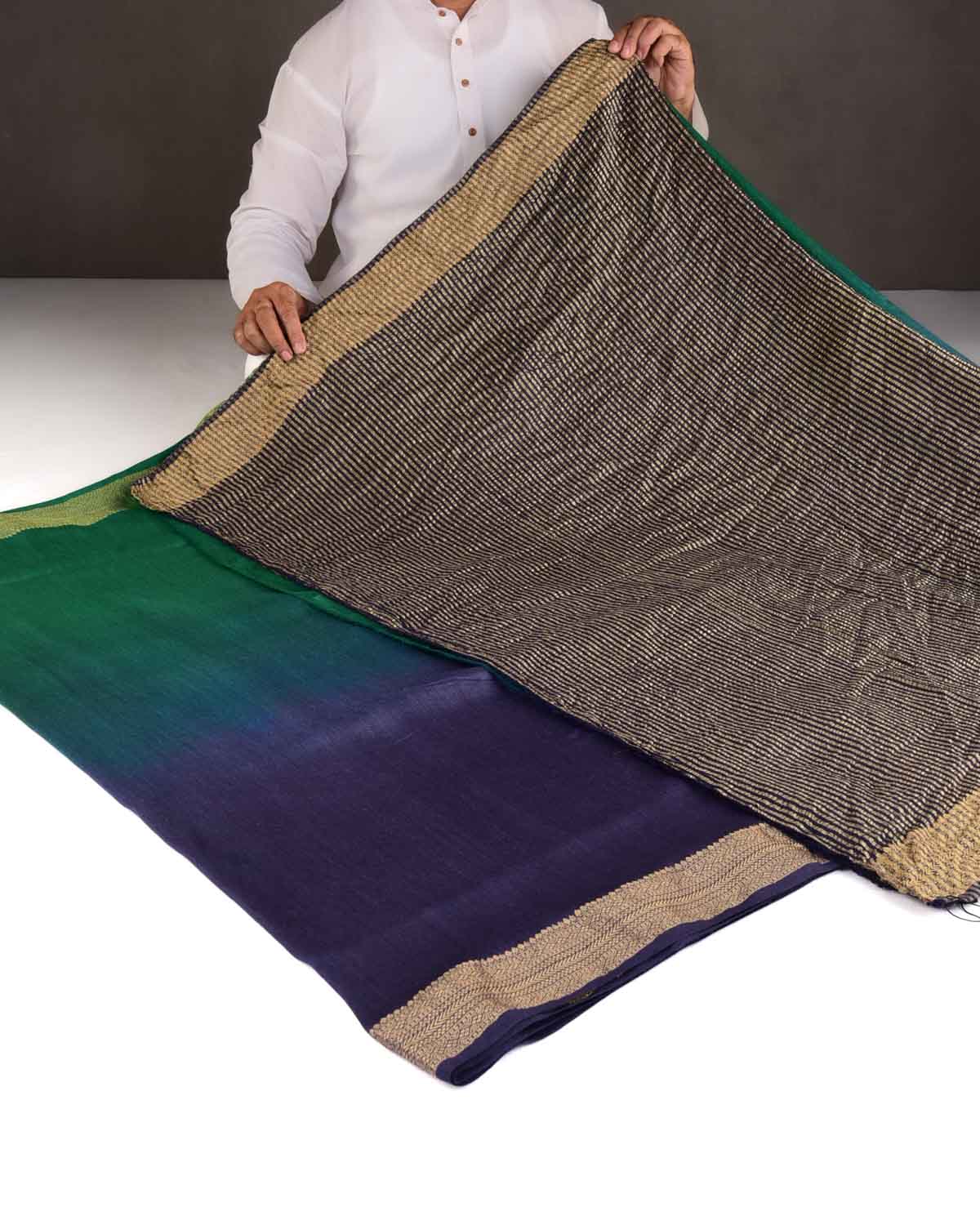 Ombre Gray Green Gold Zari Border Pallu Brocade Woven Muga Silk Banarasi Saree-HolyWeaves