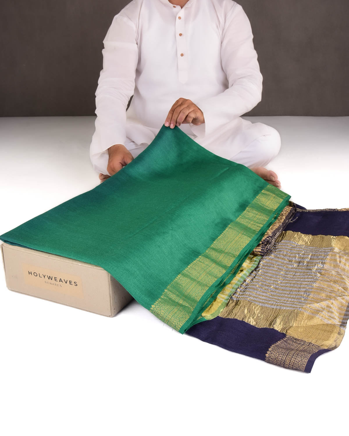 Ombre Gray Green Gold Zari Border Pallu Brocade Woven Muga Silk Banarasi Saree-HolyWeaves