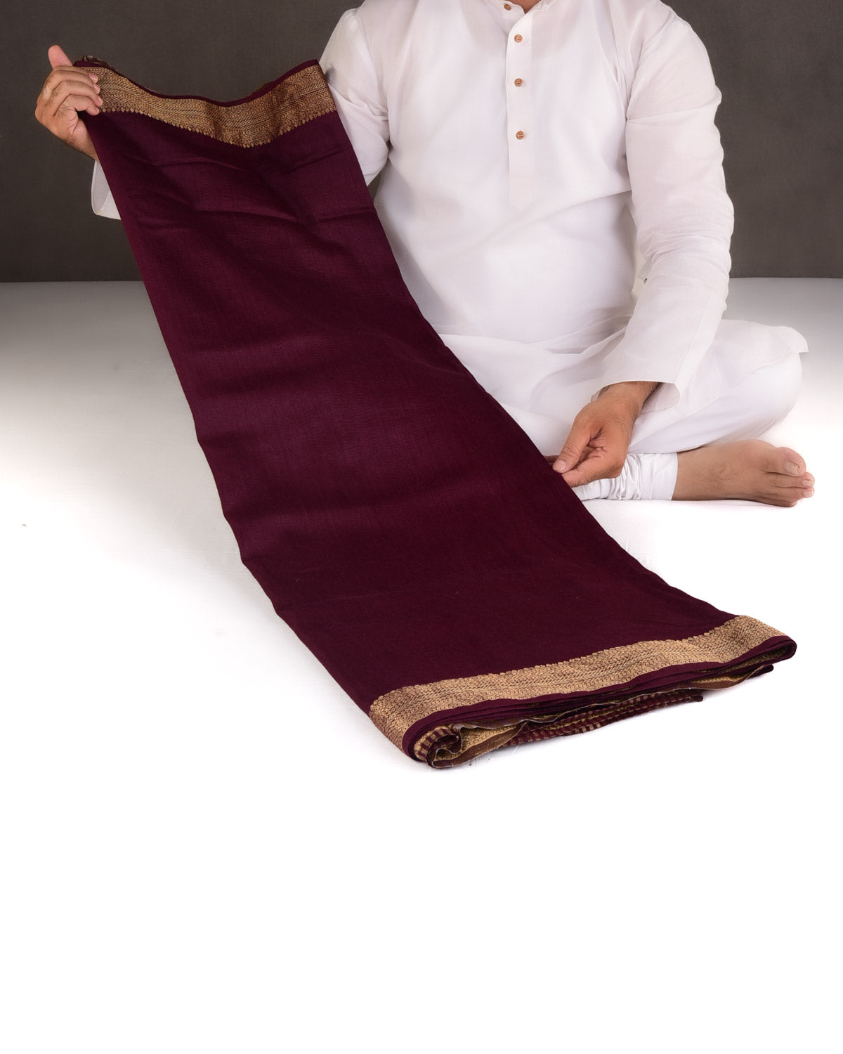 Mahogany Gold Zari Border Pallu Brocade Woven Muga Silk Banarasi Saree-HolyWeaves