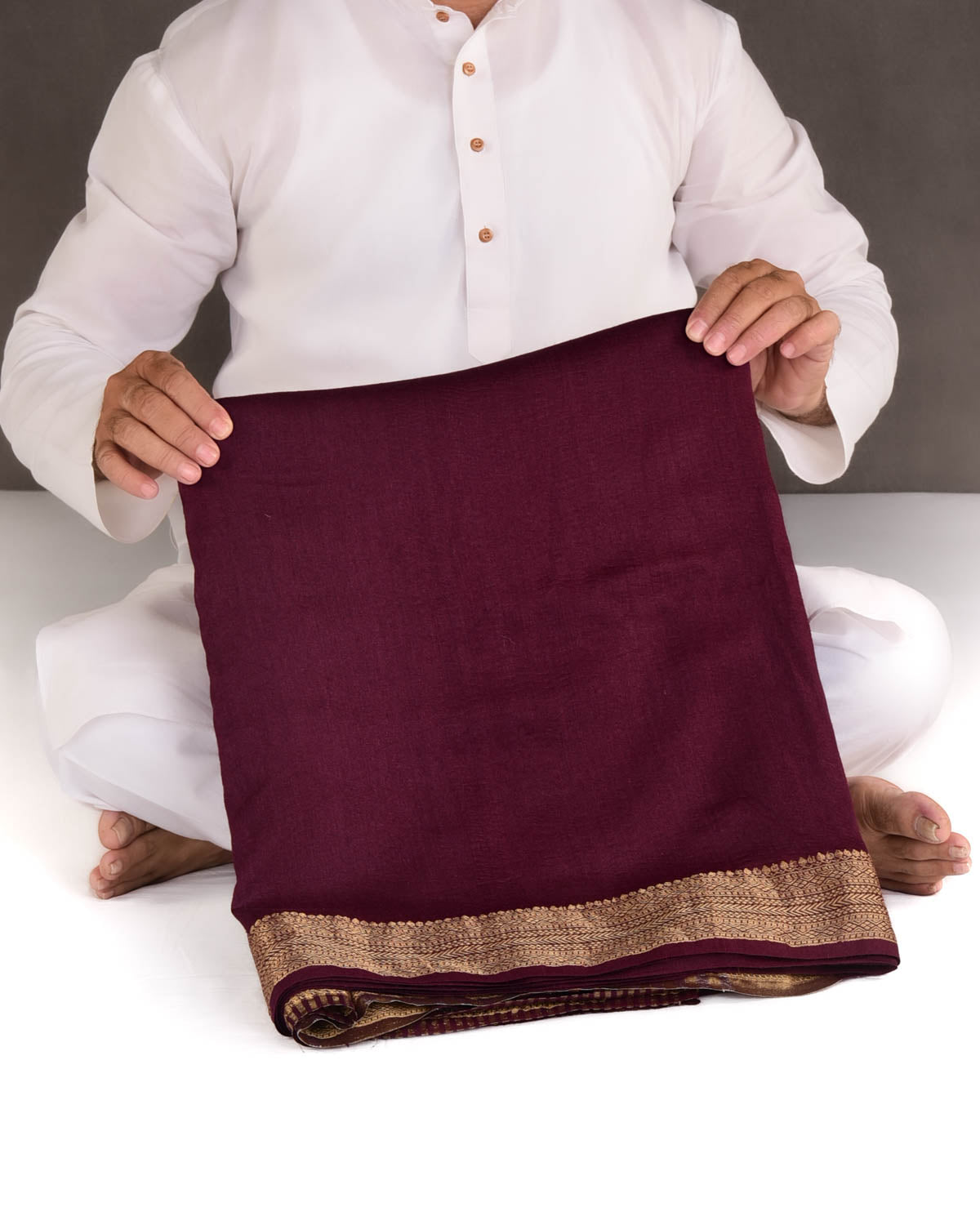 Mahogany Gold Zari Border Pallu Brocade Woven Muga Silk Banarasi Saree-HolyWeaves