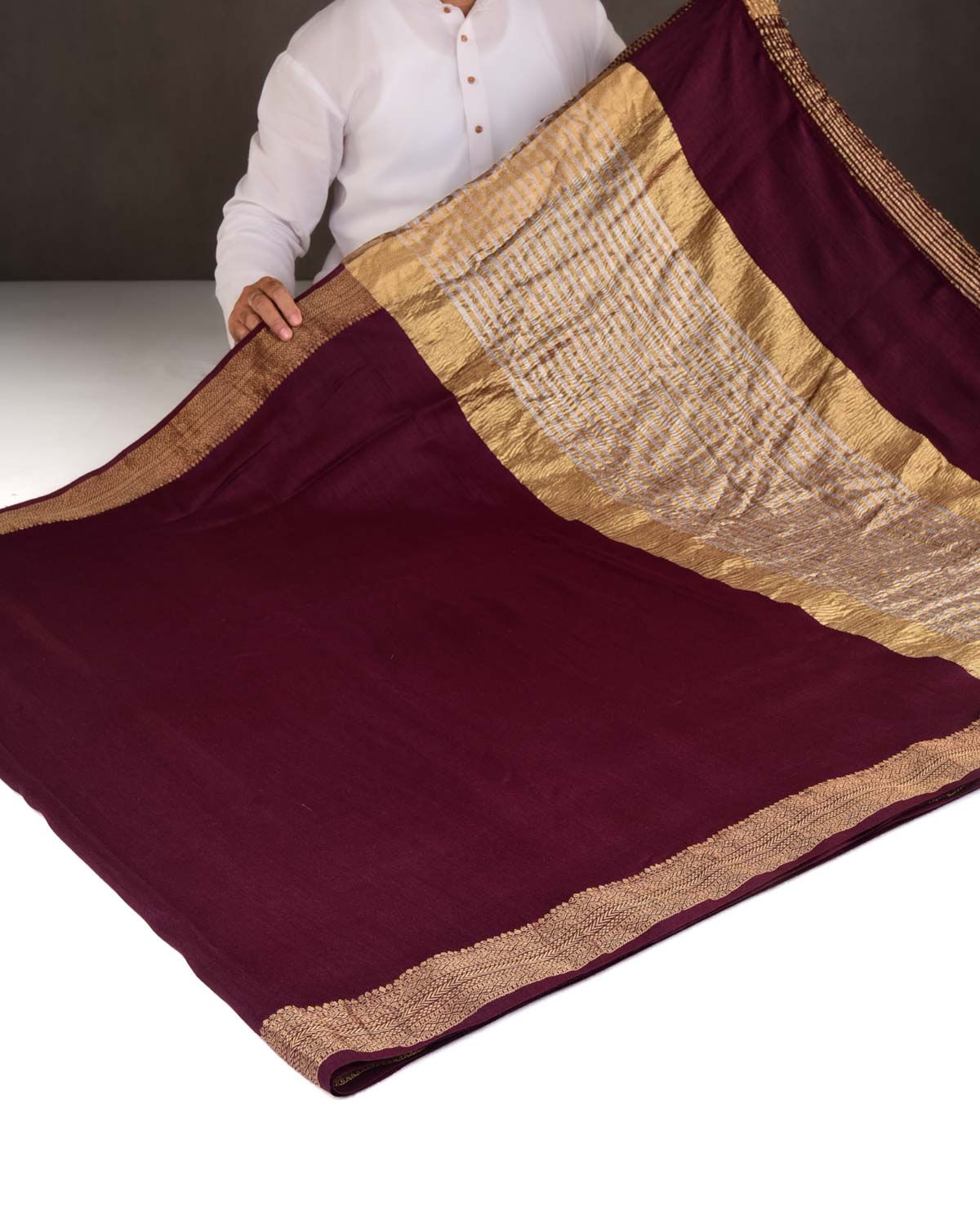 Mahogany Gold Zari Border Pallu Brocade Woven Muga Silk Banarasi Saree-HolyWeaves