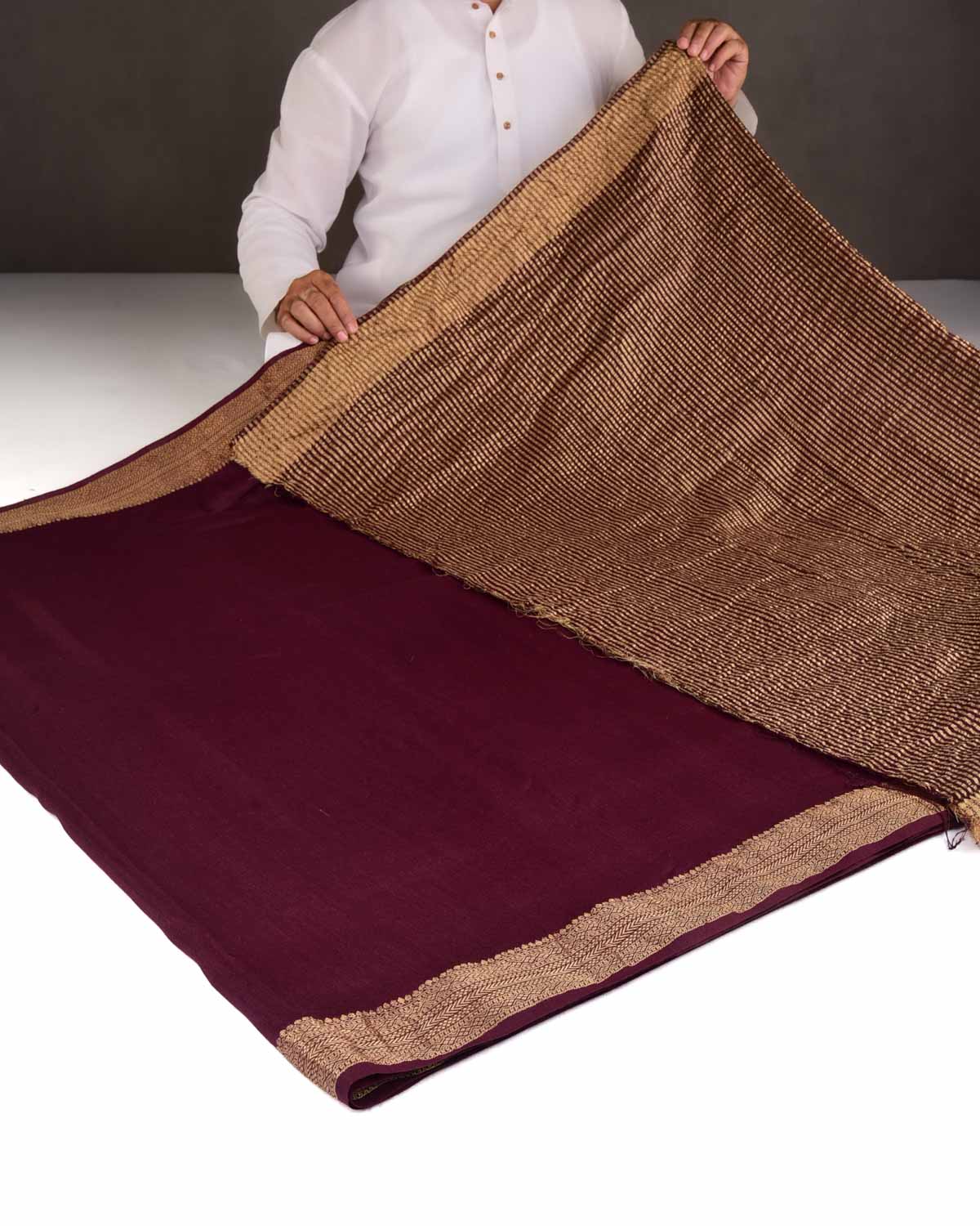 Mahogany Gold Zari Border Pallu Brocade Woven Muga Silk Banarasi Saree-HolyWeaves