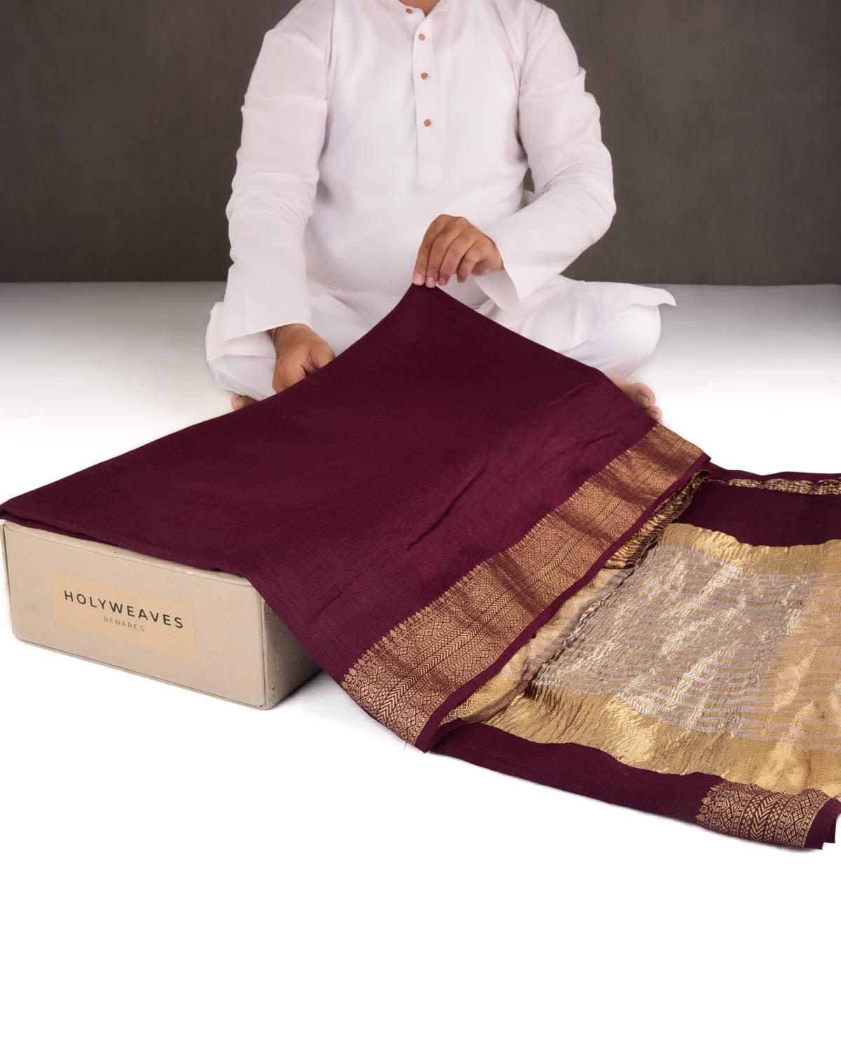 Mahogany Gold Zari Border Pallu Brocade Woven Muga Silk Banarasi Saree-HolyWeaves